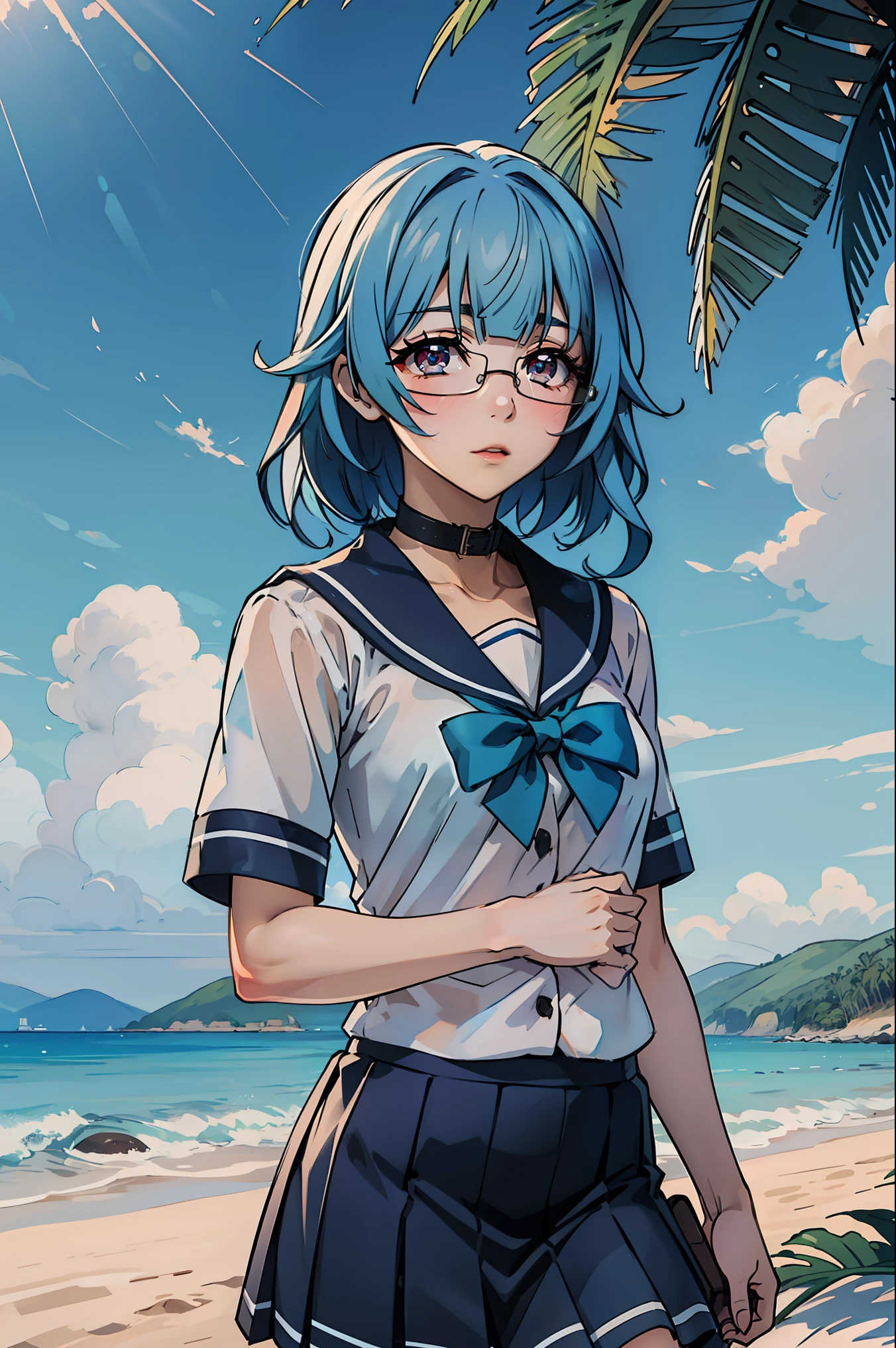 sarashiki kanzashi,1girl,solo,short hair,blue hair,red eyes,glasses,bangs,medium hair,
BREAK (blue bowtie, school_uniform,blue_sailor_collar,short_sleeves,blue and white skirt:1.2),
BREAK (outdoor,Blue sky,White cloud,beach,shore,seawater:1.2)
BREAK looking at viewer, (cowboy shot:1.5),
BREAK (masterpiece:1.2), best quality, high resolution, unity 8k wallpaper, (illustration:0.8), (beautiful detailed eyes:1.6), extremely detailed face, perfect lighting, extremely detailed CG, (perfect hands, perfect anatomy),