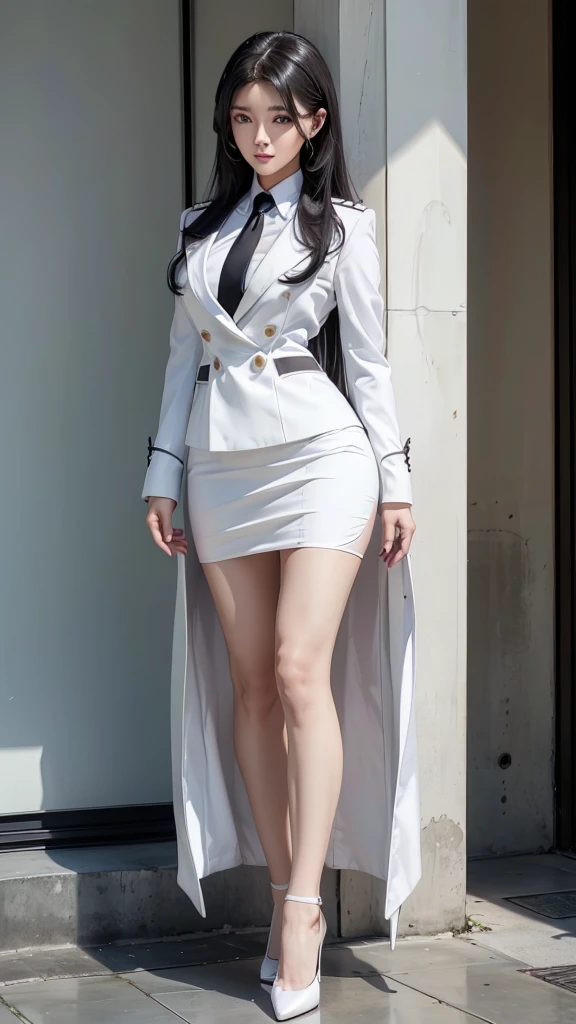 สาวสวยTwo meter long hair, long black hair, ชุดสูทผู้หญิงwhite, (wearing a women&#39;s suit, Business woman&#39;s suit, white), (ชุดสูทผู้หญิงwhite), (เสื้อเชิ้ตwhite), (Thai women&#39;s short black necktie), (Military rank insignia), (short pencil skirtwhite), tight, (dynamic post), full body, (Huge breasts, thin body, small waist, hips raised, small thighs, Long legs), A gigantic rift, black high heels, (short pencil skirt, white), (Wearing a white business suit, สูทนักธุรกิจหญิงwhite), tight, military regalia, เสื้อwhite, กระโปรงwhite, Single breasted, Two meter long hair,