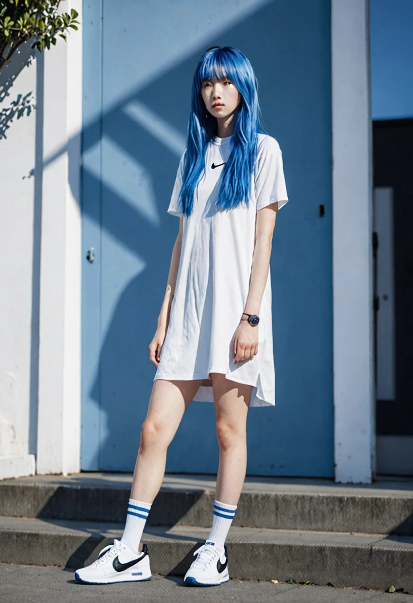 blue hair。Best Anamorphic Lens Photography 50mm Lens Freckled Woman。In the background, the morning sun shines on her hair.、background is blurry。fashionable。White Nike sneakers。The whole body is shown。Slender。I&#39;m wearing high socks。black tight dress。standing。