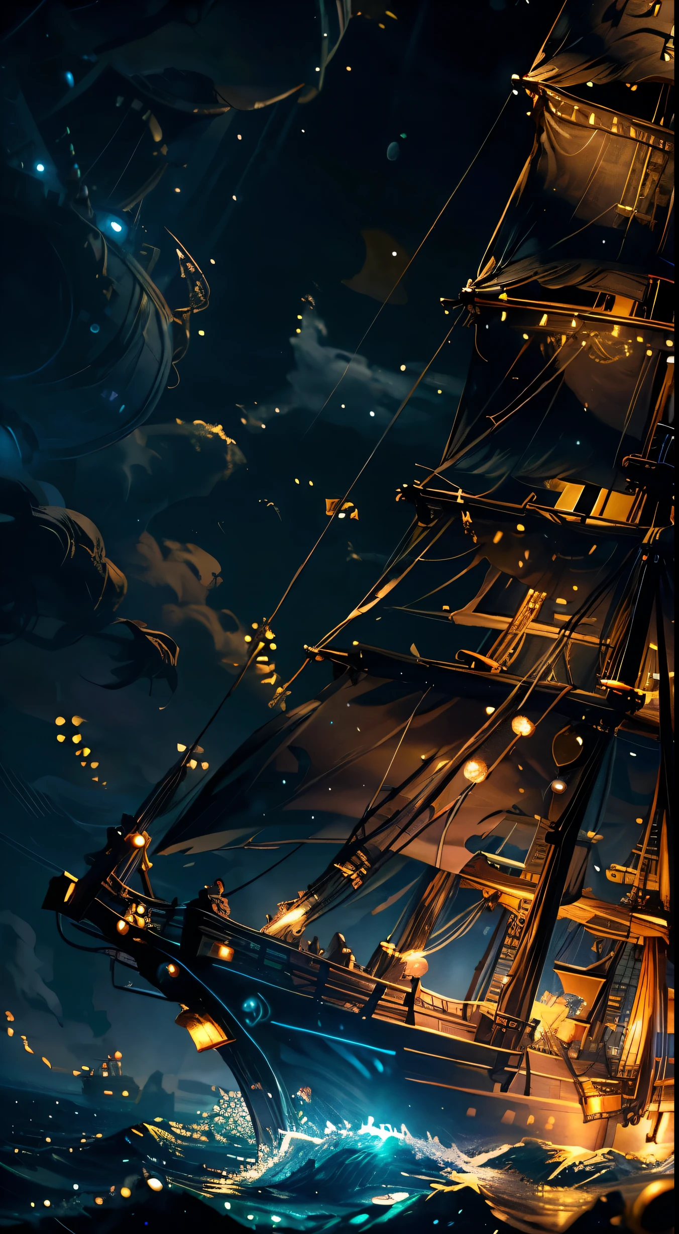 pirate ship in the ocean with glowing effect ultra long top view (bokeh effect) (fireflies)