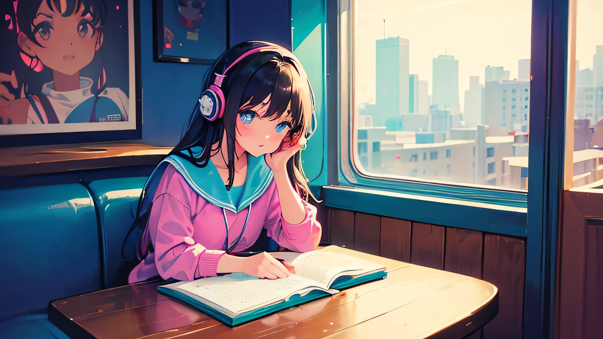 In an atmosphere reminiscent of 1980s city pop、Create an image of a girl studying in a coffee shop。She is wearing retro headphones with vivid colors.、Concentrated on an old wooden table。On the table is an open textbook and a notebook、Colorful writing implements scattered around。Her outfit reflects the trends of the 80s.、It features a pop and colorful design.。
The interior of the coffee shop、The retro atmosphere evokes the trends of the time.、The walls are decorated with vinyl records and posters of pop stars of the time.。Soft sunlight pours in through the large windows.、Outside city view。There is a small plant by the window.、Breathing life into the space。
In this scene、Capturing the optimistic energy of the 80s and the light-hearted atmosphere of city pop、Please express a quiet moment when a girl is engrossed in her studies.。The colors are vivid.、Technology and fashion of the time、Pay attention to details that reflect your culture。