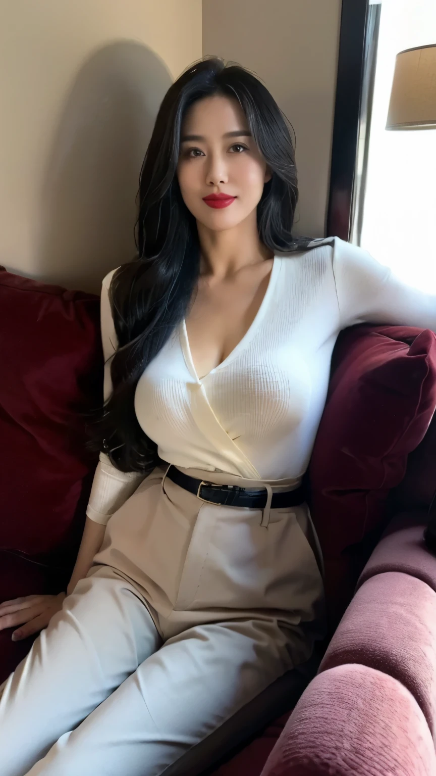 Draw lips correctly, red lipstick, from chest up, best quality, Super detailed, lifelike, Super fine skin, perfect anatomy, (1 日本Mature的女人), (alone)，wear a shirt，Slim trousers，Black belt，wavy long hair，37-year-old female，Mature，charming smile，On the sofa，stand，Leg length，Chubby，Big breasts，stand up，full-body shot