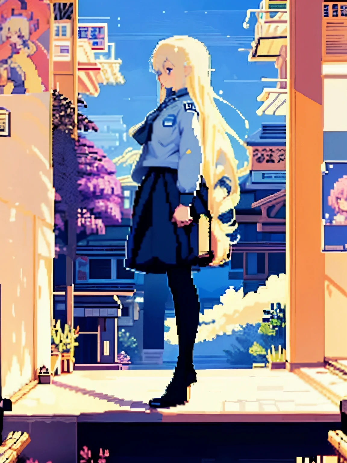 Pixel art, masterpiece, pix, daughter,uniform,Long golden hair，whole body， smile, JK,high school girl、 Sexy movie anime style, big breasts,Landscape、profile