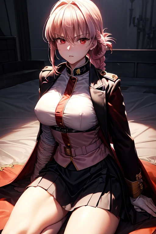 masterpiece,best quality,high resolution,8k,(perfect face:1.3),(megami magazine:1.2),perfect body,full body(FGO:1.5),(light pink single braid a bun hair:1.3),red eyes,1woman,pale skin,(fighter:1.3),large breasts,large ass,small nipples,(clothed:1.5),(red military uniform clothed:1.3),(wear black suit coat:1.5),erect nipples,cameltoe,(blacks hort skirt:1.5),Indoors with soft lighting,(Gym 1.5),(Squat 1.3),(beautiful scenery),(perfect face),