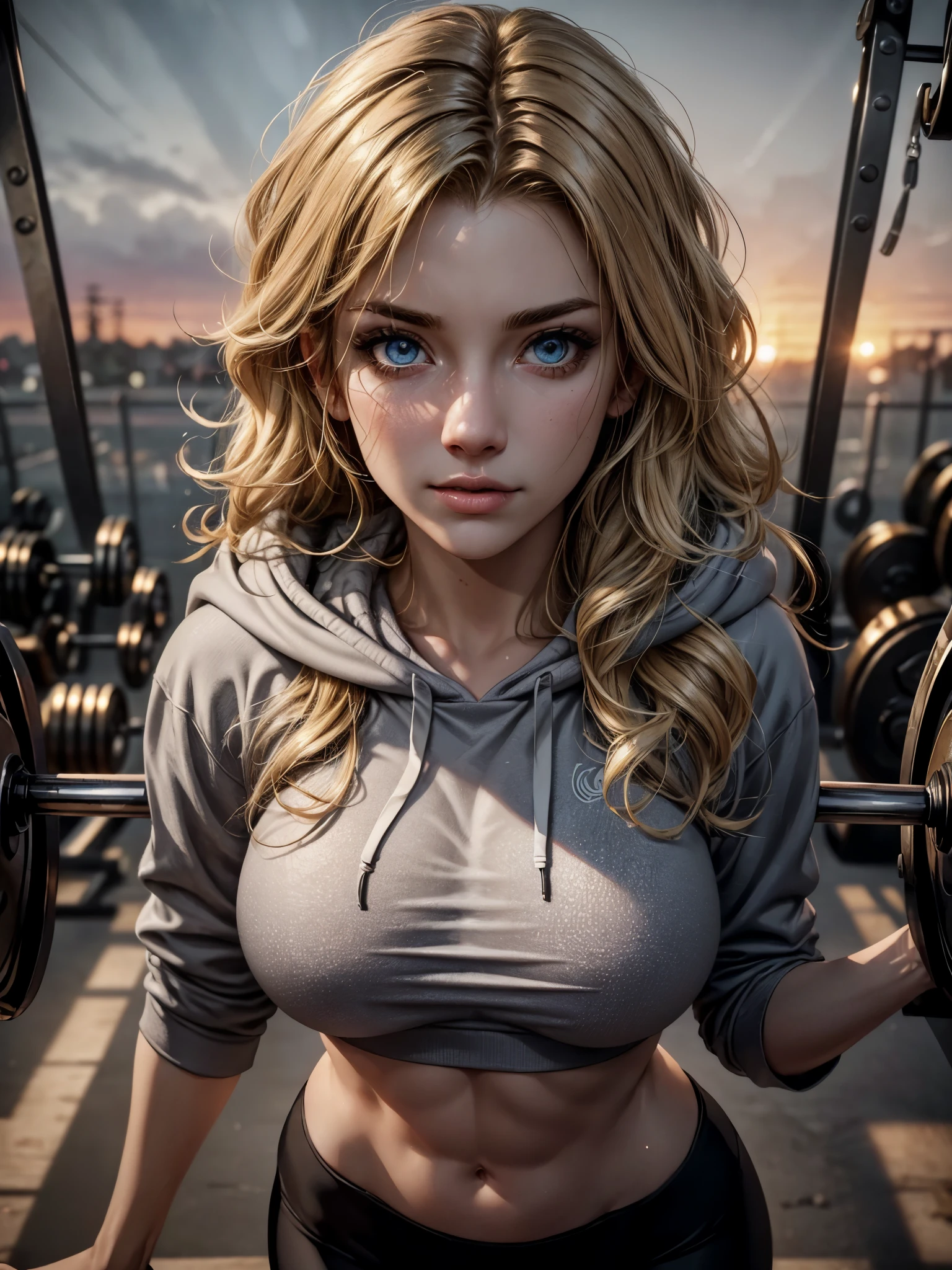 (((ultra realistic))), photo, masterpiece, best quality, trending on artstation, pretty, cute face, (wavy blonde hair), (detailed eyes:1.1), oily skin, detailed hair, (large breasts:1.1), (wearing tight grey hoodie), (detailed textures:1.3), (black yoga leggings:1.1), slim waist, portrait, bokeh, depth of field, ultra detailed, busy gym background, sunset, golden hour, amber light, gym fetish, (light and shadow contrasts:1.2)