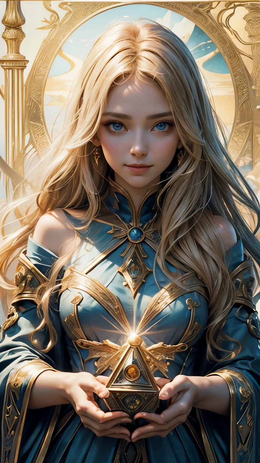 beautiful girl, blonde hair, portrait looking at the viewer in half-turns, slender body, spiral awakening, intricate details, cosmic, ethereal, mystical, complex environment, brushes, delicate shades, lighting lights, Greg Rutkowski, RHADS, Beeple, Makoto Shinkai, Lois van Baarle, Ilya Kuvshinov, Masterpiece, ultra-high resolution, high quality, Empress Tarot card