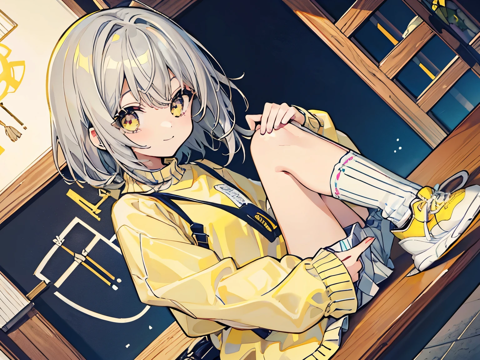 table top,very detailed,1 girl,alone,gray hair,Eyes with heart patterns、straight hair、medium hair、light yellow knit、white skirt、model pose、High quality baggy socks、Cute yellow sneakers、cute smile、Upper body、cool composition、cute pose、Moe sleeves