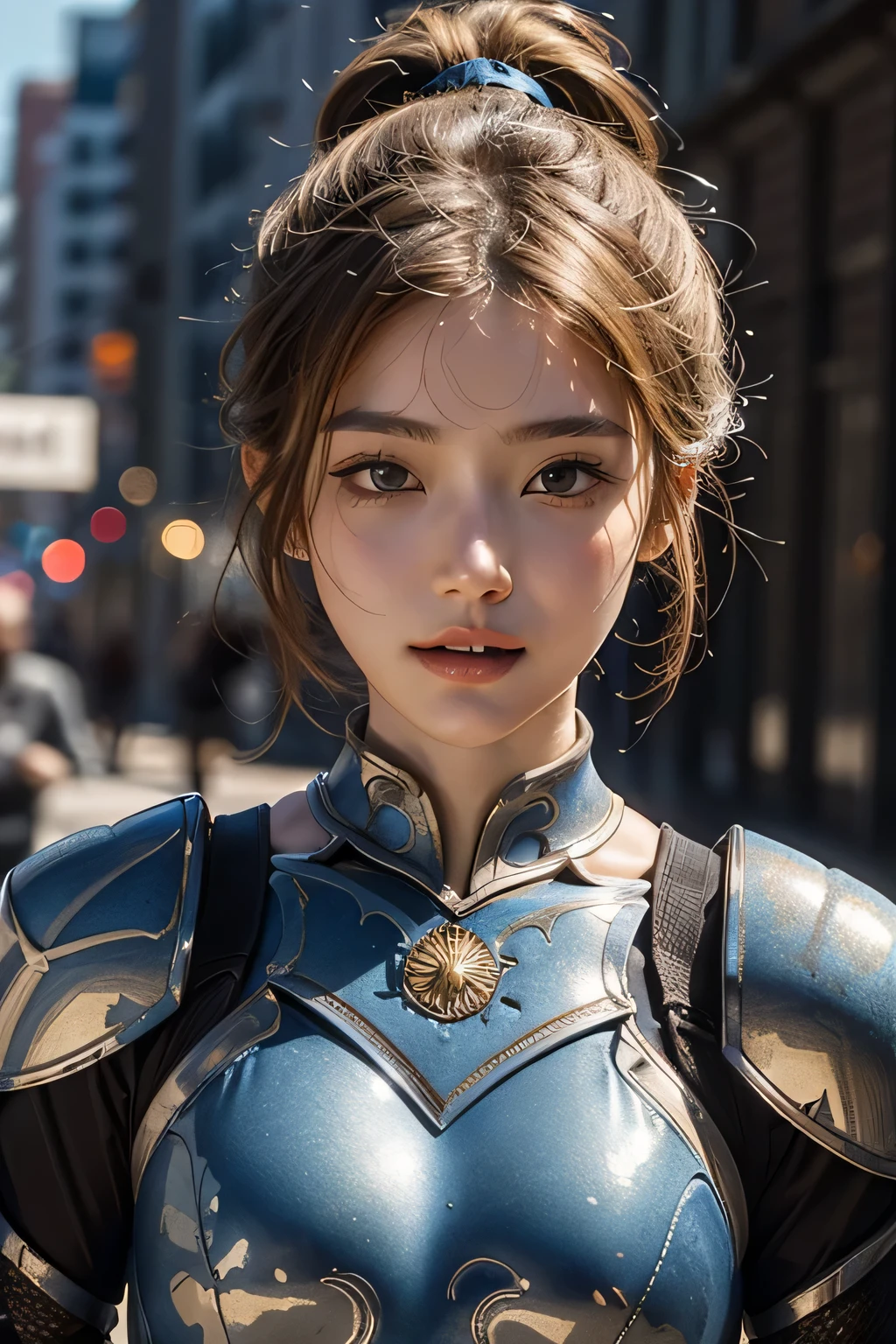 ((best quality)), ((masterpiece)), (detailed), perfect face, best quality, (masterpiece:1.2), highly detailed, day, city,
1girl, solo, cha hae-in, closed mouth, from front, looking at viewer,
blonde hair, short hair, brown eyes, ponytail, (blue armor:1.4), belt, bodysuit