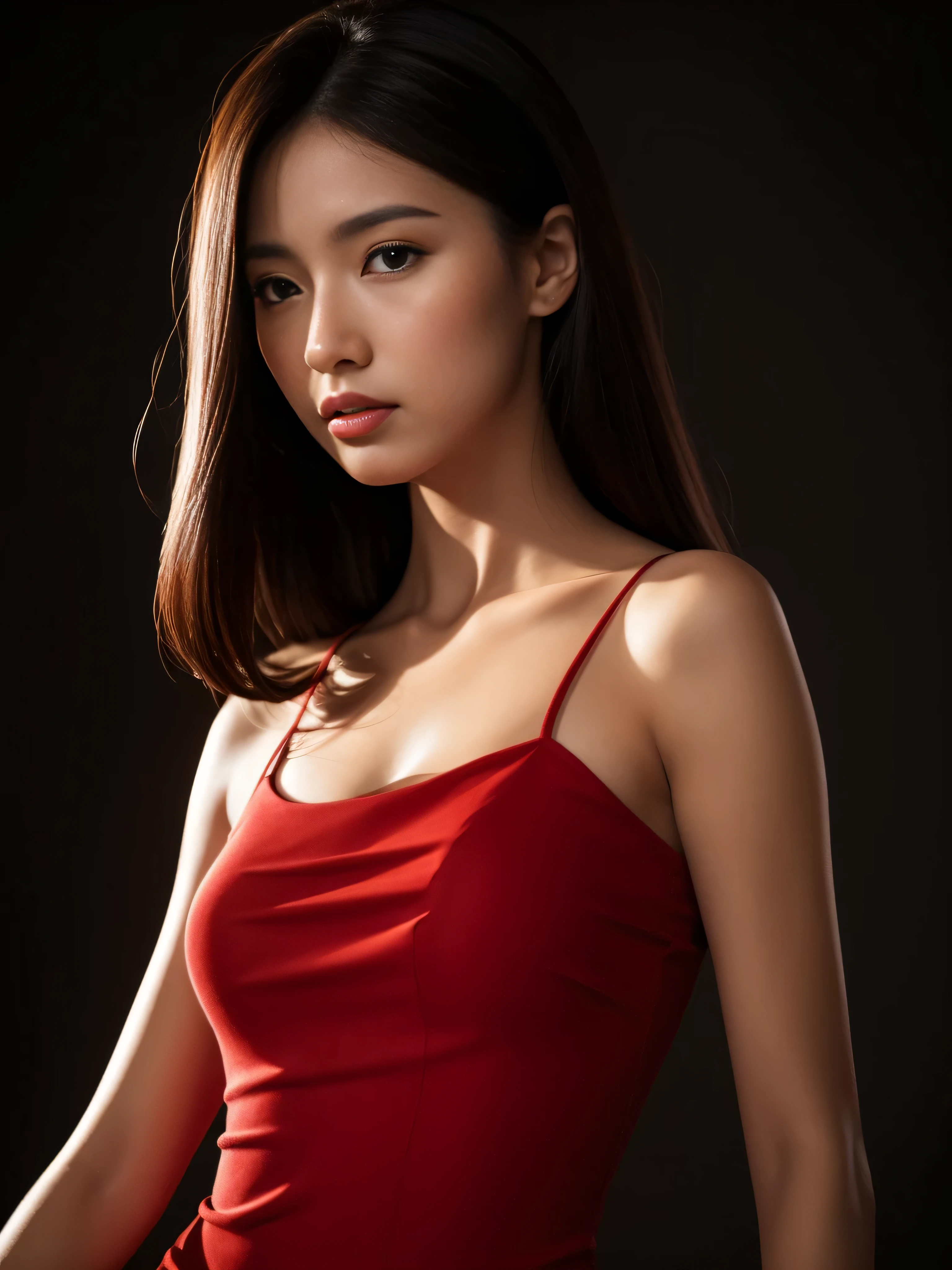 Top Quality, Masterpiece, Ultra High Definition, (Photorealistic: 1.4), Raw Photo, 1 Girl, Dark Hair, Glossy Skin, Dramatic Lighting, Full Body,, Red Dress, Colossal
