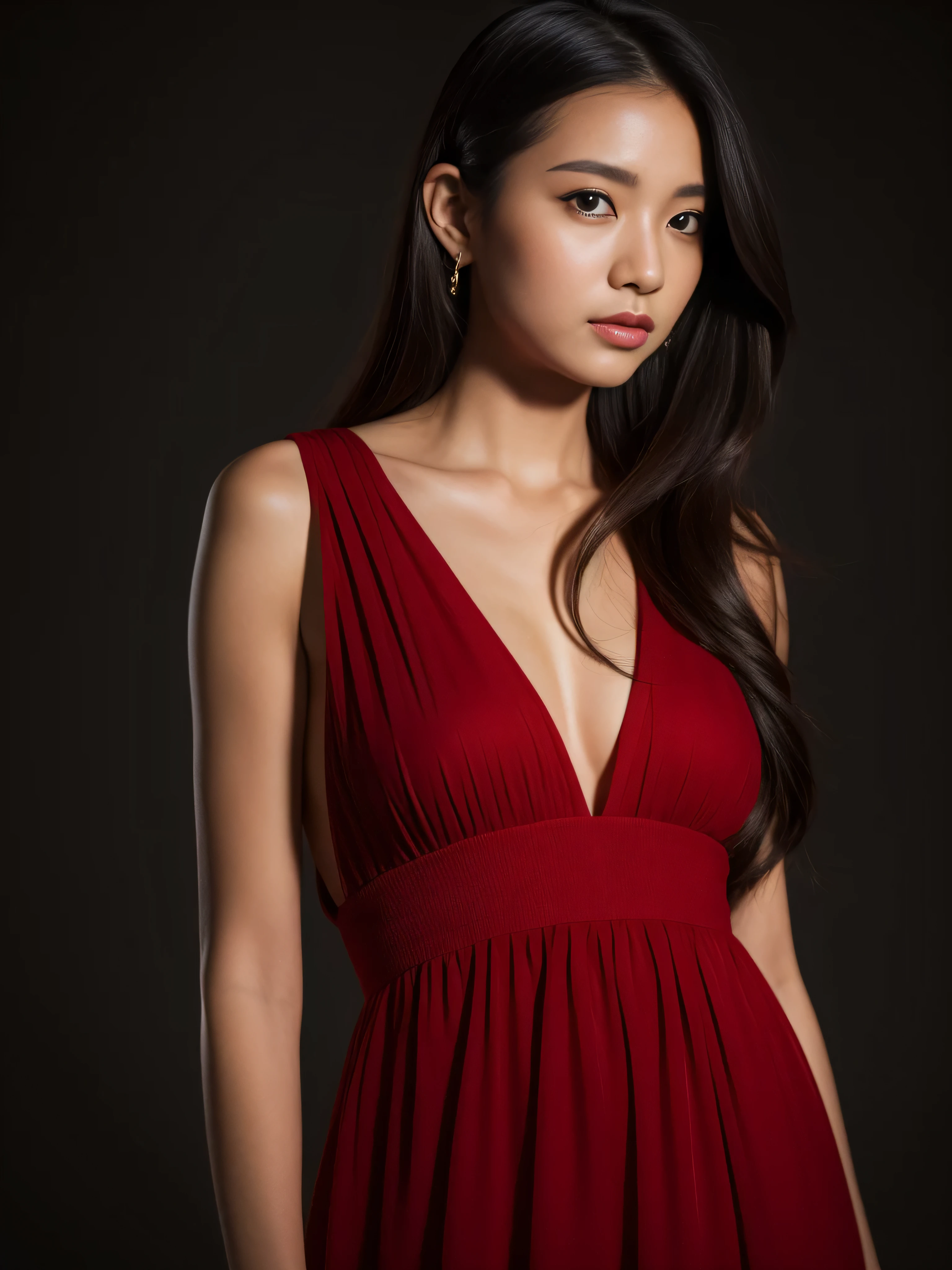 Top Quality, Masterpiece, Ultra High Definition, (Photorealistic: 1.4), Raw Photo, 1 Girl, Dark Hair, Glossy Skin, Dramatic Lighting, Full Body,, Red Dress, Colossal