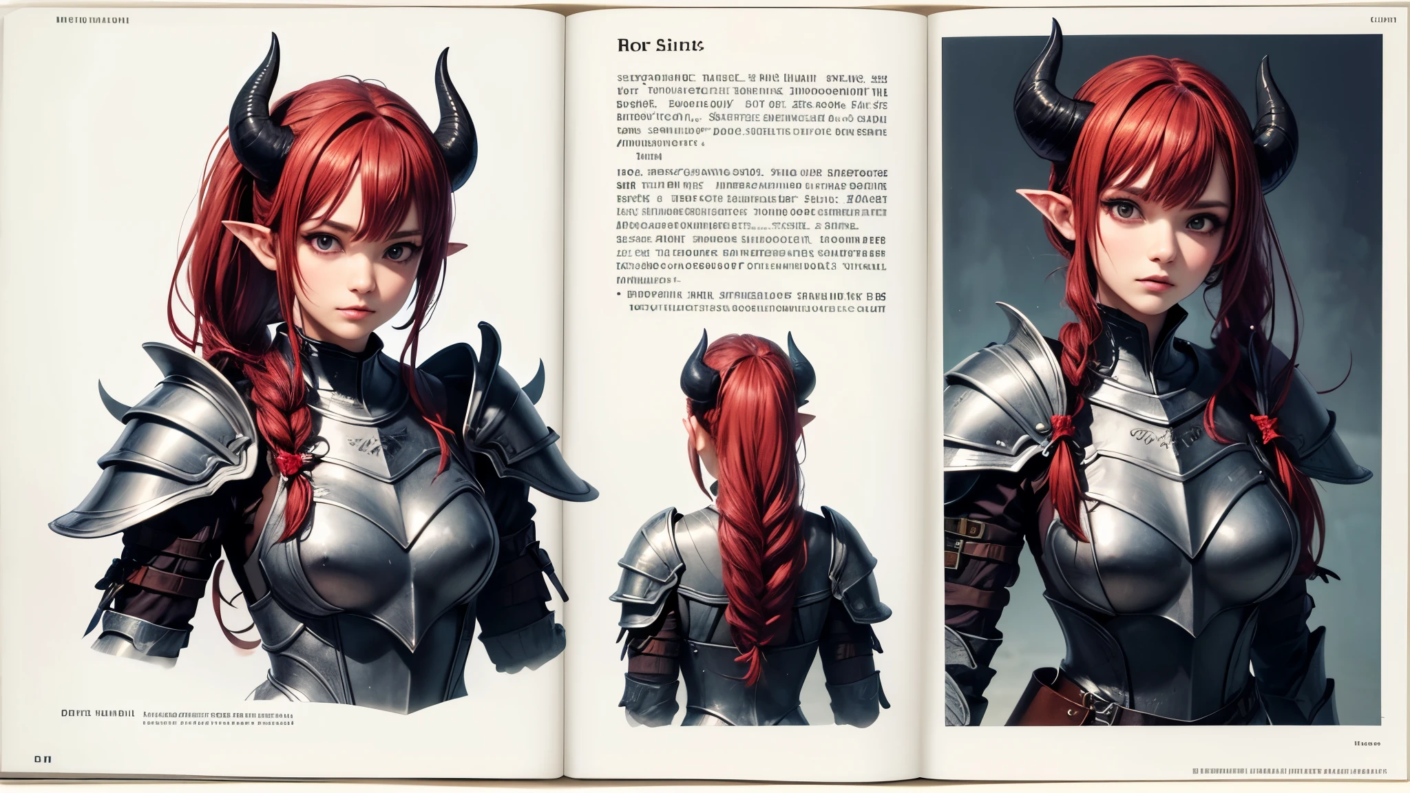 (Masterpiece, best quality), detailed, character sheet, many items (the same person, medieval royal armor, demonic heavy armor, fullplate armor, many parts), athletic, busty, demon, demon girl, detailed beautiful purple eyes, detailed face, pointy ears, red hair and white skin, braided ponytail, demon horns, full of details.