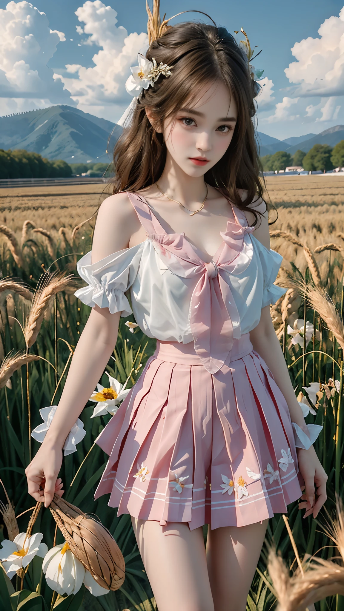 pleated skirt,pink skirt,pink sailor collar, masterpiece，best quality，High质量，High清晰度，High质量的纹理，High质量的阴影，High细节，Beautiful details，fine details，Extremely detailed CG，Detailed texture，lifelike的面部表现，lifelike的，colorful，Beautifully，sharp focus，(intricate details，Pure love face_v1:0.5)，(细节美Beautifully脸，(细节美Beautifully眼睛)，perfect比例的脸，HighSkin details，Skin details，The optimal ratio of four fingers to one thumb，emaciated:1.3)，1 girl，，High，(光滑的abdominal muscles:1.55)，(abdominal muscles:0.5)，beautiful，perfect，High，((Big breasts, big breasts, big breasts)), ((bare shoulders)), ((The skirt is very short)), (long legs)，(straight legs)，(thin waist)，((White skin))，White skin，((White skin))，(Emma Watson)，big breasts，((Caucasian))，Light blonde hair，Stand with your legs apart，looking at the audience，whole body，Portrait of cute blonde girl，((Standing in the wheat field,look into the distance))，bloom，orange mist，kinetic，strands of hair，lifelike，High品质渲染，amazing art，High品质，Film texture，Fuji XT3，dream