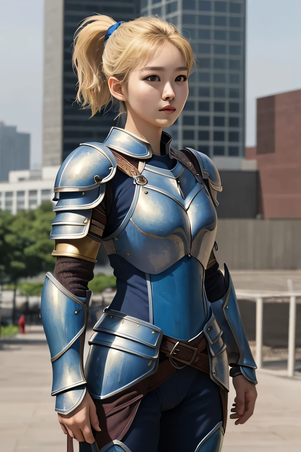 ((best quality)), ((masterpiece)), (detailed),  highly detailed, day, city, 1girl, solo, cha hae-in, closed mouth, from front, looking at viewer,
blonde hair, short hair, brown eyes, ponytail, (blue armor:1.4), belt, bodysuit, full body potrait,