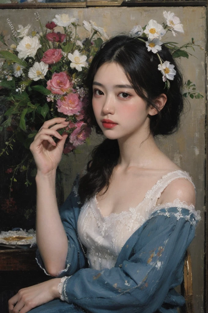 (oil painting: 1.5), Uma mulher com longos cabelos pretos e flores brancas no cabelo senta-se em frente a uma pintura de paisagem chinesa, vestido vermelho (Amy Saulo: 0.248), (Stanley Ateg Liu: 0.106), (uma pintura detalhada: 0.353), (Gothic art: 0.106)