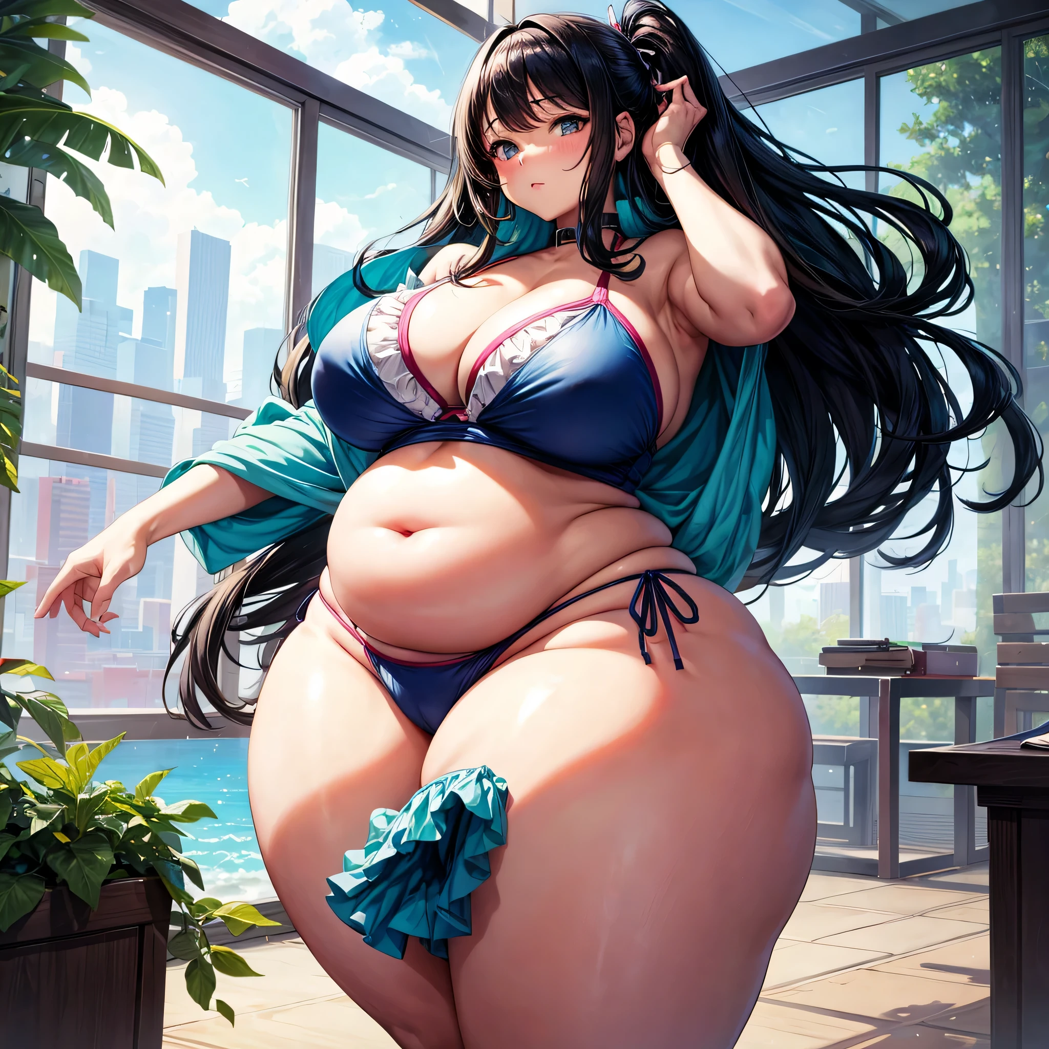 Anime girl, bikini, very fat, overweight, huge tummy, fat tummy, huge breasts, giant tits, wide hips, thicc thighs, fat legs, long hair, in the room, solo girl, alone