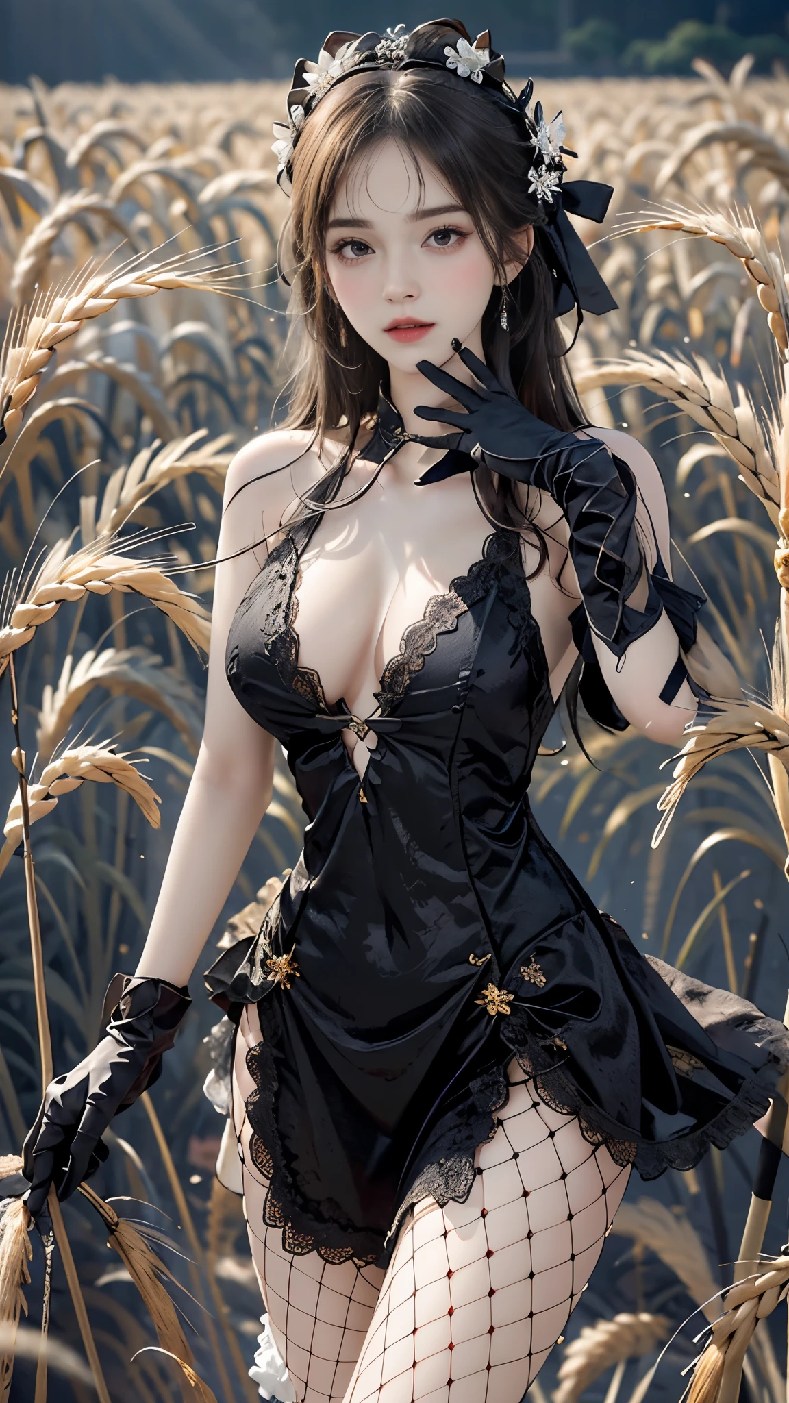 black dress, black gloves, pantyhose, masterpiece,best quality,High质量,High清晰度,High质量的纹理,High质量的阴影,High细节,Beautiful details,fine details,Extremely detailed CG,Detailed texture,lifelike的面部表现,lifelike的,colorful,Beautifully,sharp focus,(intricate details,Pure love face_v1:0.5),(细节美Beautifully脸,(细节美Beautifully眼睛),perfect比例的脸,HighSkin details,Skin details,The optimal ratio of four fingers to one thumb,emaciated:1.3),1 girl,,High,(光滑的abdominal muscles:1.55),(abdominal muscles:0.5),beautiful,perfect,High,((Big breasts, big breasts, big breasts)), ((bare shoulders)), ((The skirt is very short)), (long legs),(straight legs),(thin waist),((White skin)),White skin,((White skin)),(Emma Watson),big breasts,((Caucasian)),Light blonde hair,Stand with your legs apart,looking at the audience,whole body,Portrait of cute blonde girl,((Standing in the wheat field,look into the distance)),bloom,orange mist,kinetic,strands of hair,lifelike,High品质渲染,amazing art,High品质,Film texture,Fuji XT3,dream