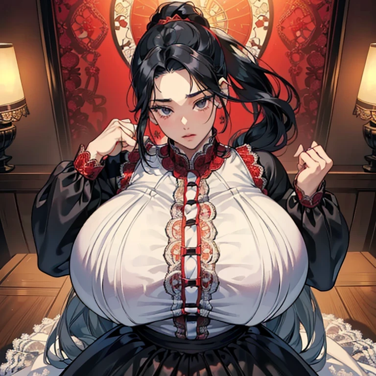 (Anime Moe Style)),((game CG)),(masterpiece),(highest quality), (Super detailed),shape,((very delicate and beautiful)),　,sharp look,looking at the viewer,(((18 years old female)),((whole body)),detailed face and eyes,Intense eyes like jewels,(long ponytail),,,(super huge breasts,Long and slightly saggy breasts,）　　　　plump body　black hair, black eyes　　Long-sleeved, long-skirt dress made entirely of lace. Body-hugging lace clothing. Red lace fabric. Semi-transparent.