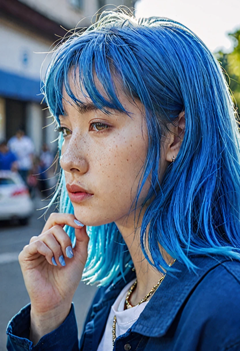 blue hair。Best Anamorphic Lens Photography 50mm Lens Freckled Woman Close-up。In the background, the morning sun shines on her hair.、background is blurry。Hip-hop fashion。fashionable。NIKE sneakers。The whole body is visible。profile。