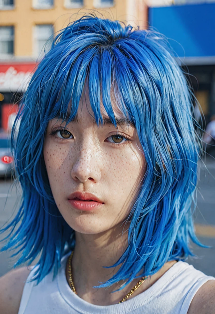 blue hair。Best Anamorphic Lens Photography 50mm Lens Freckled Woman Close-up。In the background, the morning sun shines on her hair.、background is blurry。Hip-hop fashion。fashionable。NIKE sneakers。The whole body is visible。profile。