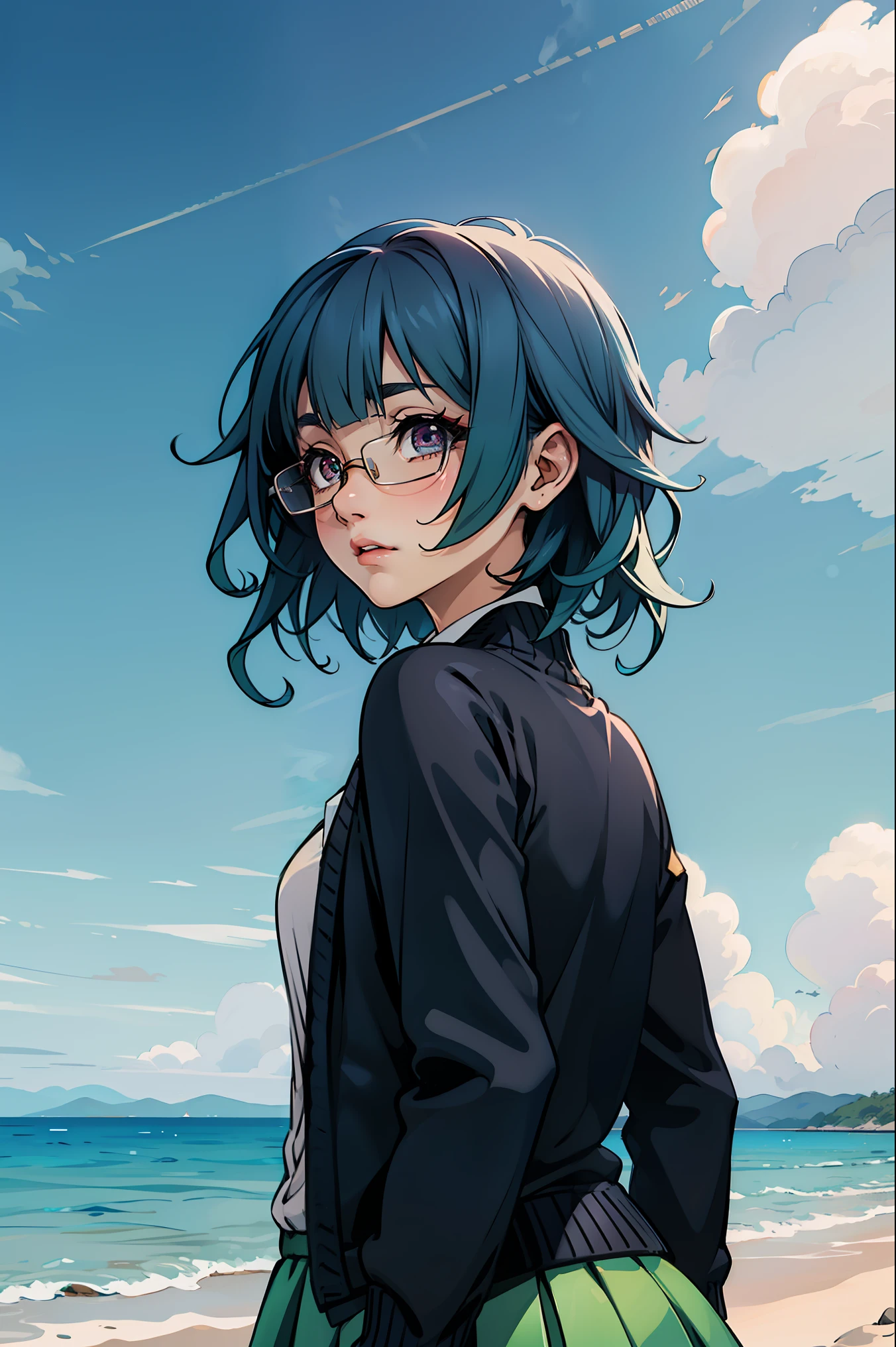 sarashiki kanzashi,1girl,solo,short hair,blue hair,red eyes,glasses,bangs,medium hair,
BREAK (green skirt, open cardigan, black cardigan:1.2),
BREAK (outdoor,Blue sky,White cloud,beach,shore,seawater:1.2)
BREAK facing away, looking back, ((upper body)), standing,
BREAK (masterpiece:1.2), best quality, high resolution, unity 8k wallpaper, (illustration:0.8), (beautiful detailed eyes:1.6), extremely detailed face, perfect lighting, extremely detailed CG, (perfect hands, perfect anatomy),