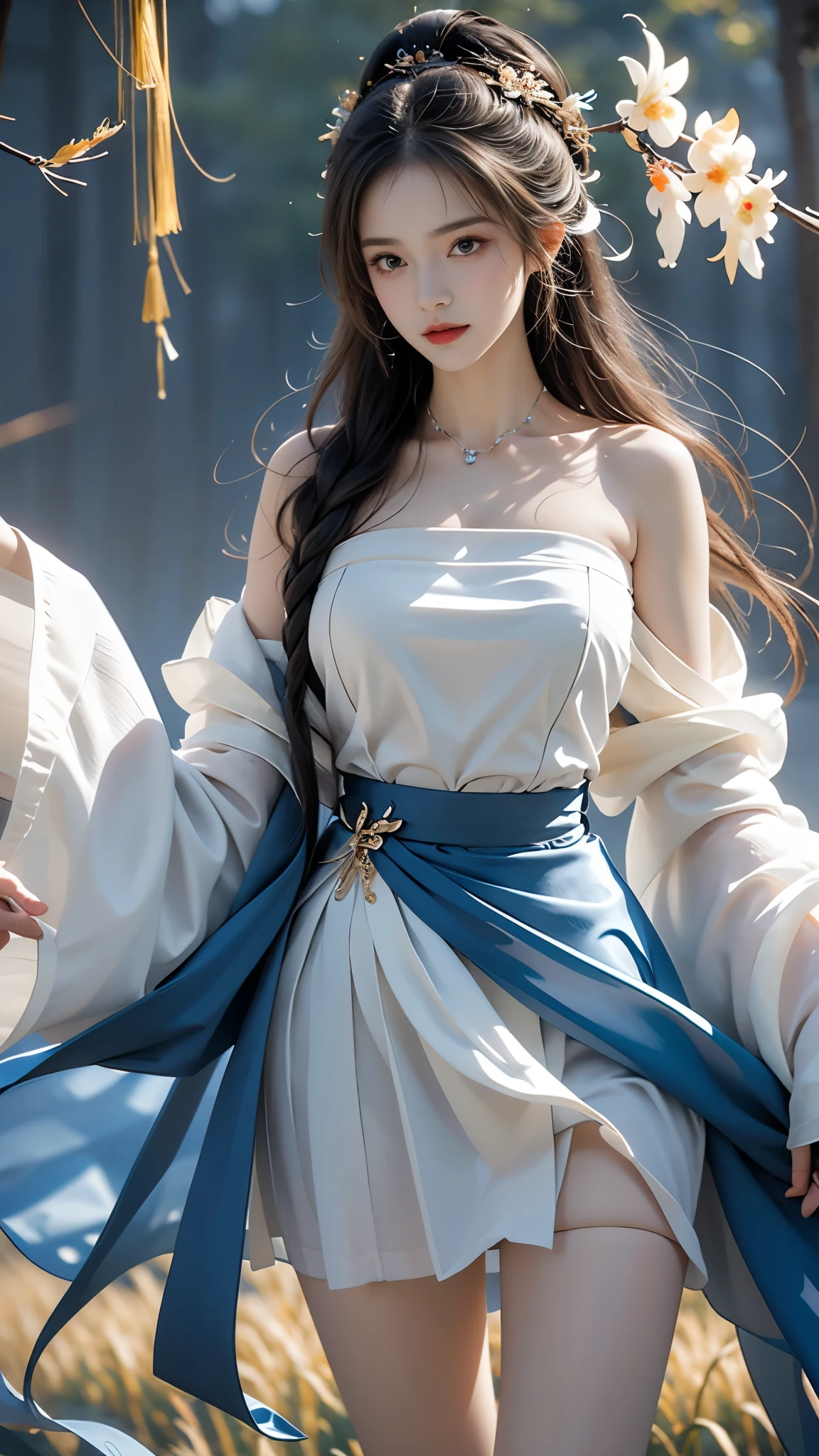 hanfu-song, hanfu, song theme, bandeau, tube top, masterpiece,best quality,High质量,High清晰度,High质量的纹理,High质量的阴影,High细节,Beautiful details,fine details,Extremely detailed CG,Detailed texture,lifelike的面部表现,lifelike的,colorful,Beautifully,sharp focus,(intricate details,Pure love face_v1:0.5),(细节美Beautifully脸,(细节美Beautifully眼睛),perfect比例的脸,HighSkin details,Skin details,The optimal ratio of four fingers to one thumb,emaciated:1.3),1 girl,,High,(光滑的abdominal muscles:1.55),(abdominal muscles:0.5),beautiful,perfect,High,((Big breasts, big breasts, big breasts)), ((bare shoulders)), ((The skirt is very short)), (long legs),(straight legs),(thin waist),((White skin)),White skin,((White skin)),(Emma Watson),big breasts,((Caucasian)),Light blonde hair,Stand with your legs apart,looking at the audience,whole body,Portrait of cute blonde girl,((Standing in the wheat field,look into the distance)),bloom,orange mist,kinetic,strands of hair,lifelike,High品质渲染,amazing art,High品质,Film texture,Fuji XT3,dream