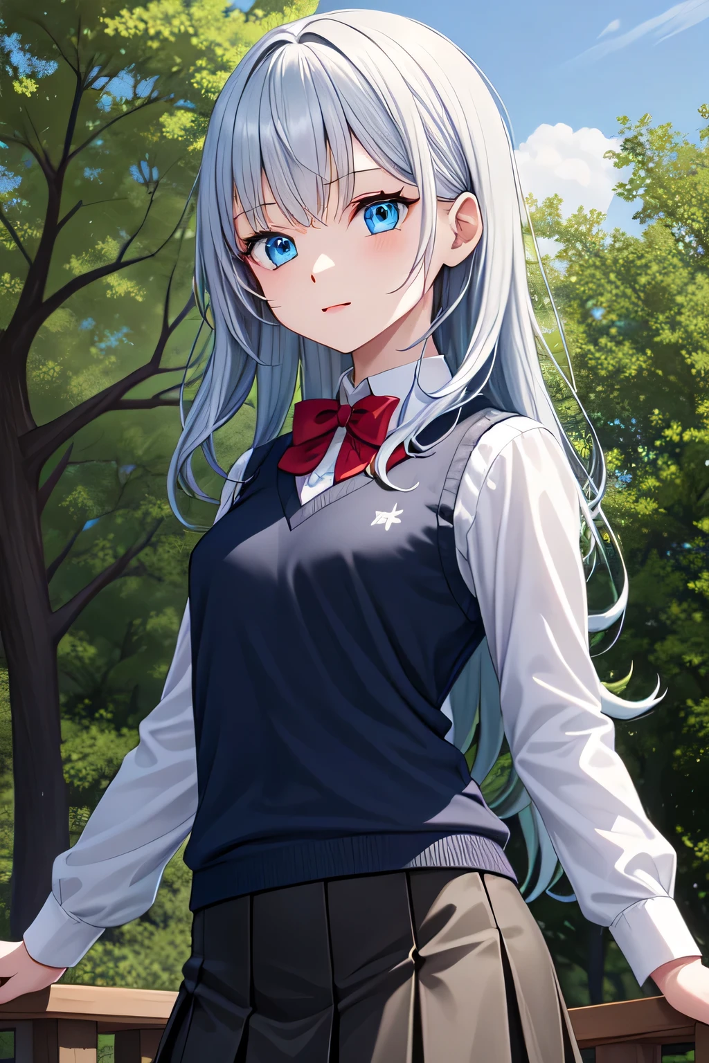 solo girl, standing,20 years old,silver hair, blue inner color hair,long hair, blue eyes, small breast, red bowtie,white long sleeves shirt,black sweater vest, dark blue skirt,outdoors,tree, 