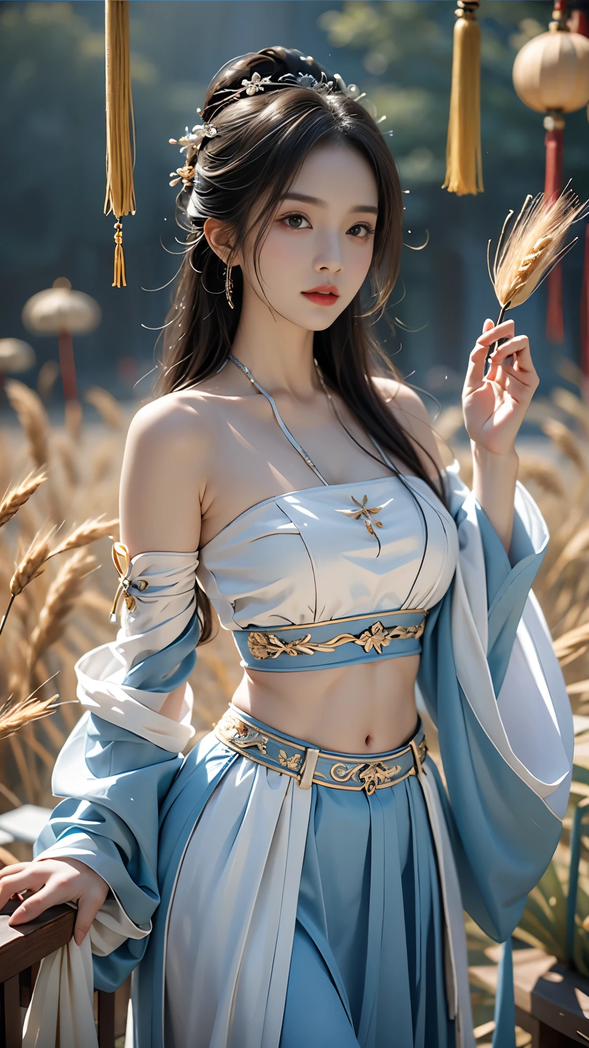 hanfu-song, hanfu, song theme, bandeau, tube top,  masterpiece，best quality，High质量，High清晰度，High质量的纹理，High质量的阴影，High细节，Beautiful details，fine details，Extremely detailed CG，Detailed texture，lifelike的面部表现，lifelike的，colorful，Beautifully，sharp focus，(intricate details，Pure love face_v1:0.5)，(细节美Beautifully脸，(细节美Beautifully眼睛)，perfect比例的脸，HighSkin details，Skin details，The optimal ratio of four fingers to one thumb，emaciated:1.3)，1 girl，************，High，(光滑的abdominal muscles:1.55)，(abdominal muscles:0.5)，beautiful，perfect，High，((Big breasts, big breasts, big breasts)), ((bare shoulders)), ((The skirt is very short)), (long legs)，(straight legs)，(thin waist)，((White skin))，White skin，((White skin))，(Emma Watson)，big breasts，((Caucasian))，Light blonde hair，Stand with your legs apart，looking at the audience，whole body，Portrait of cute blonde girl，((Standing in the wheat field,look into the distance))，bloom，orange mist，kinetic，strands of hair，lifelike，High品质渲染，amazing art，High品质，Film texture，Fuji XT3，dream