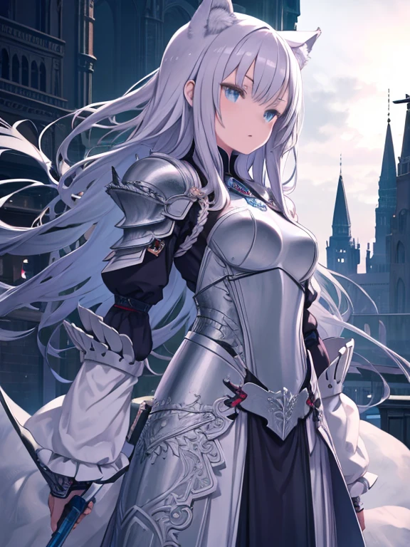 masterpiece, highest quality、Medium wide shot、1. A woman with beautiful eyes、Wolf Knight, fine armor, intricate design, Silver, silk, cinematic lighting, 4k, floating hair, sharp