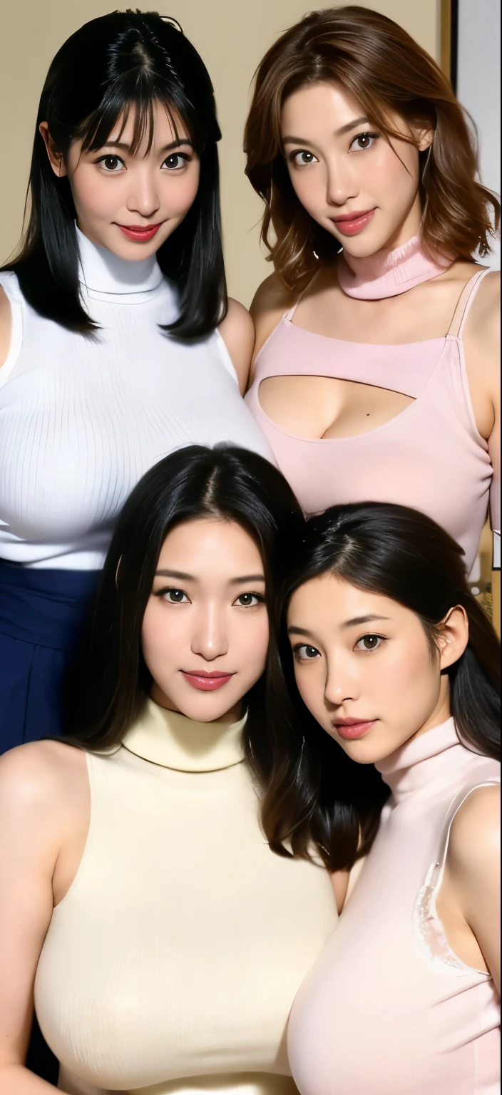 (((Group photo of top 3 beautiful Japanese moms)))、They all have different types and hairstyles but are beautiful.、((All of them are obscene and have long breasts that are too big.))、Different sexual poses、Everyone has big breasts wearing a white turtleneck sleeveless knit sweater、A room filled with the smell of meth、((Everyone emphasizes their big breasts))、livingroom