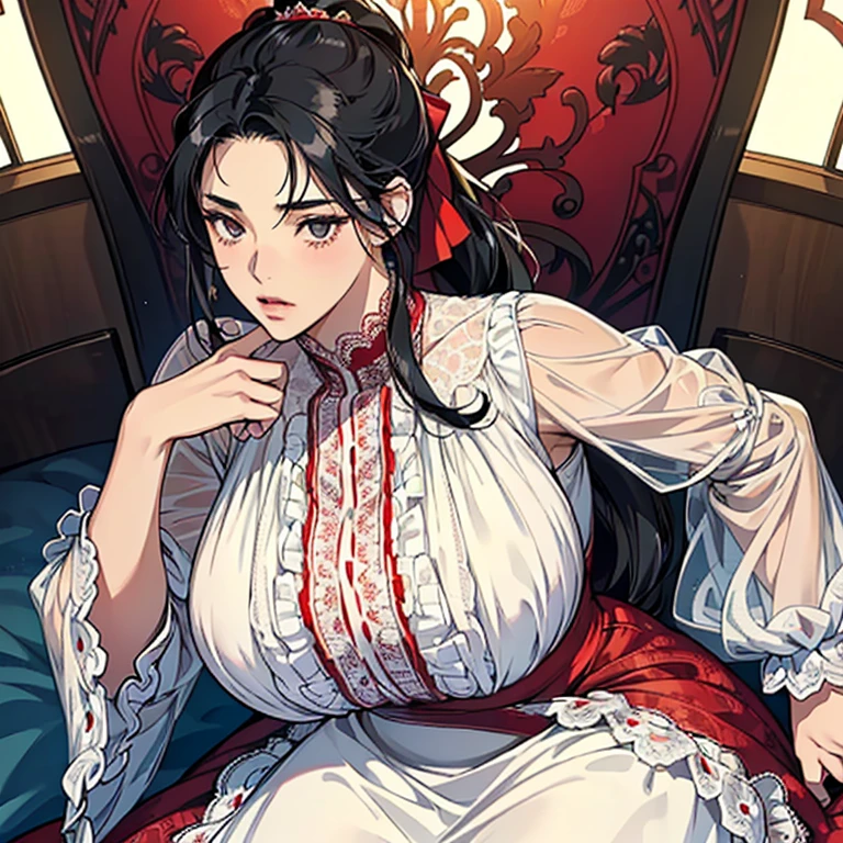 (Anime Moe Style)),((game CG)),(masterpiece),(highest quality), (Super detailed),shape,((very delicate and beautiful)), ,sharp look,looking at the viewer,(((18 years old female)),((whole body)),detailed face and eyes,Intense eyes like jewels,(long ponytail),,,(super huge breasts,Long and slightly saggy breasts,) plump body black hair, black eyes Long-sleeved, long-skirted dress made entirely of lace. Body-hugging lace clothing. Red and white lace fabric. Semi-transparent.