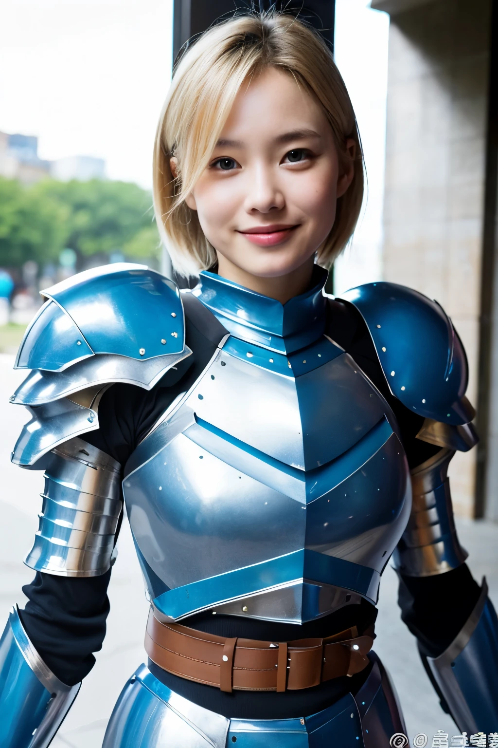 ((best quality)), ((masterpiece)), (detailed), highly detailed, day, city, 1girl, solo, cha hae-in, closed mouth, from front, looking at viewer,
blonde hair, short hair, brown eyes, ponytail, (blue armor:1.4), belt, bodysuit, full body potrait, beautiful girl, detailed face, smiles
