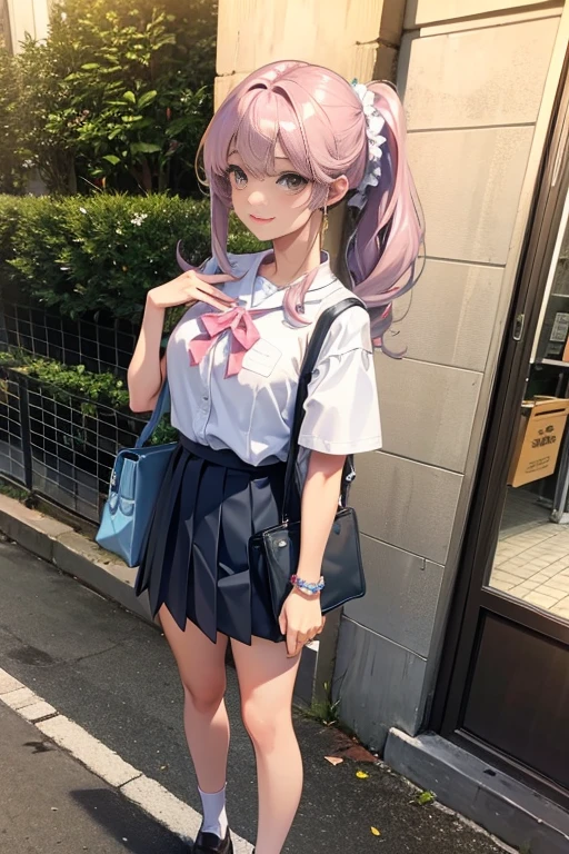 masterpiece, best quality, physically-based rendering, high resolusion, RAW photo, photo realistic,
1 female, Japanese, white shirt, pink pleated skirt, (skirt lift:1), (from below), short sleeves, pink , school bag BREAK light pinkish silver hair BREAK dark skin BREAK side ponytails, flower hair ornament BREAK light blue scrunchie on wrist, mint green nails BREAK light brown Eyes, white eyeliner,
Afternoon in the city BREAK
((standing in the middle of the road))
BREAK
((smile)),
from above:1.9