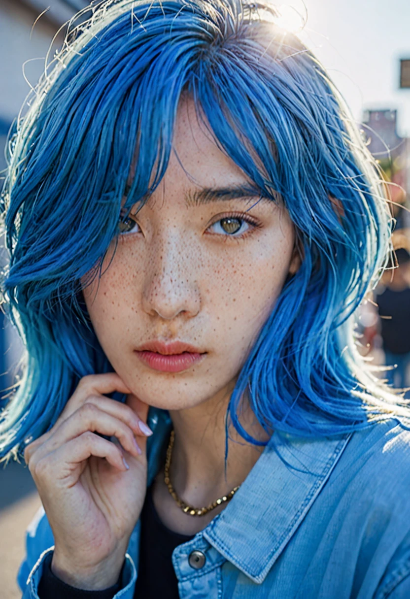 blue hair。Best Anamorphic Lens Photography 50mm Lens Freckled Woman Close-up。In the background, the morning sun shines on her hair.、background is blurry。Hip-hop fashion。fashionable。NIKE sneakers。The whole body is visible。