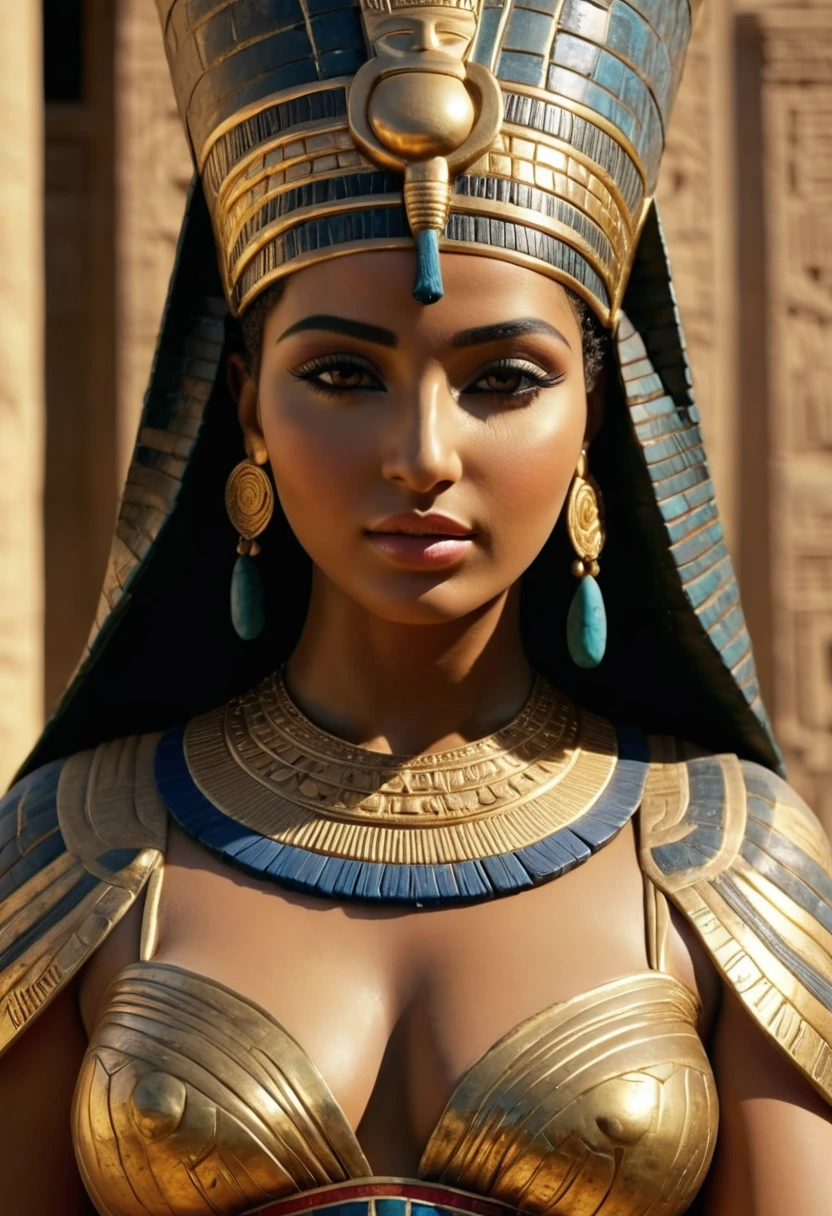 (best quality,4K,highly detailed full body shot),ancient Egyptian-style stone statue of a woman, topless; chubby, soft skin, voluminous, seductive face expression, seductive smile, mesmerizing eyes, intricate headdress, delicate features, delicate carving details, smooth texture, captivating pose, elegant posture, radiant beauty, majestic presence, mystical aura, adorned with jewels and gold, regal attire, flowing robes, elaborate patterns, intricate engravings, rich color palette, warm earth tones, golden accents, soft lighting, dramatic shadows, mesmerizing gaze, enchanting atmosphere.