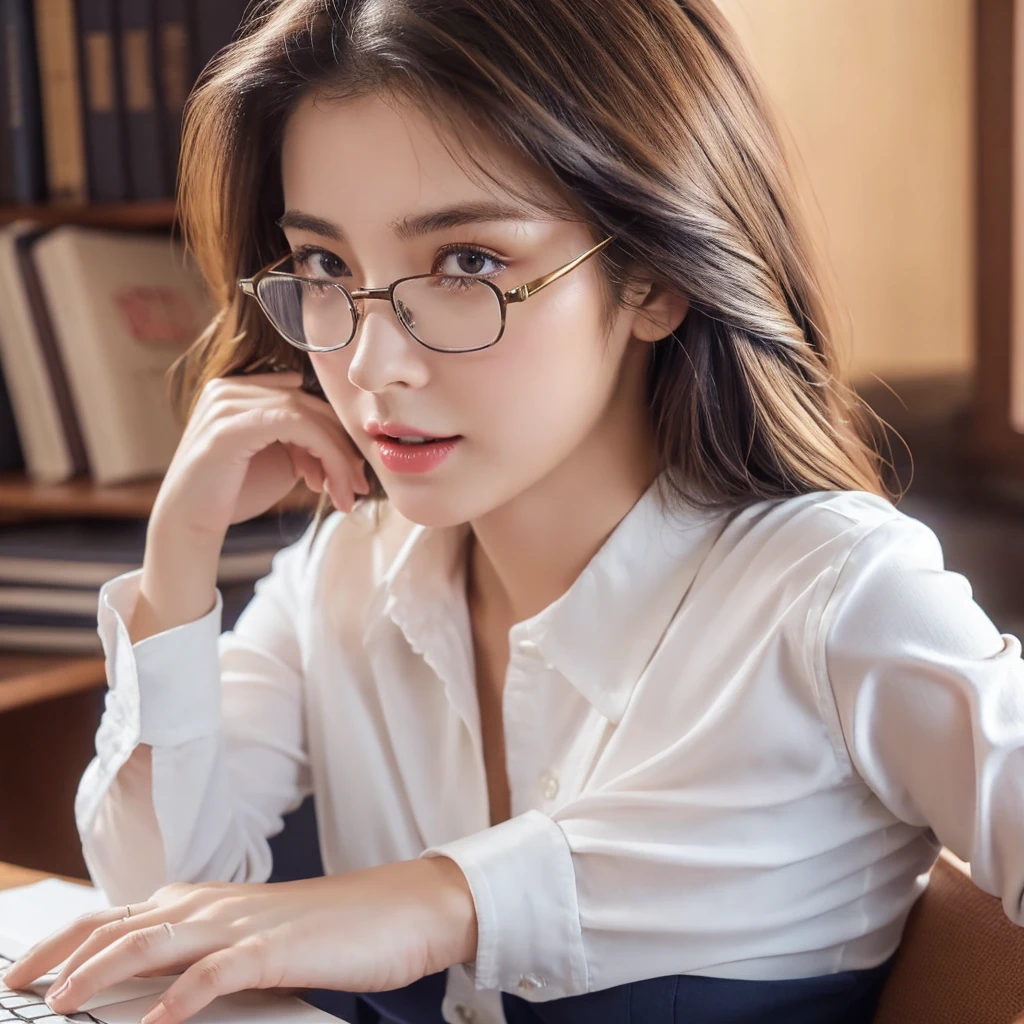 masterpiece, best quality, extremely detailed, hyperrealistic, photorealistic, a beautiful 20s french model, at office:1.2, navy long sleeve shirt:1.2, working at desk, raging:1.1, ultra detailed face, medium hair, blonde hair, pale skin, busty breasts, glasses
