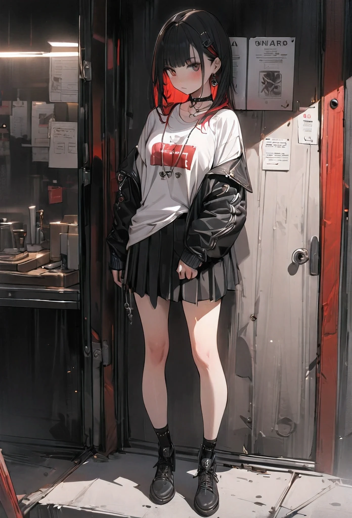 1girl, goth girl, emo girl, colored inner hair, black hair, red hair, masterpiece, super detail, high details, high quality, best quality, award winning, 4K, full body, shirt and skirt