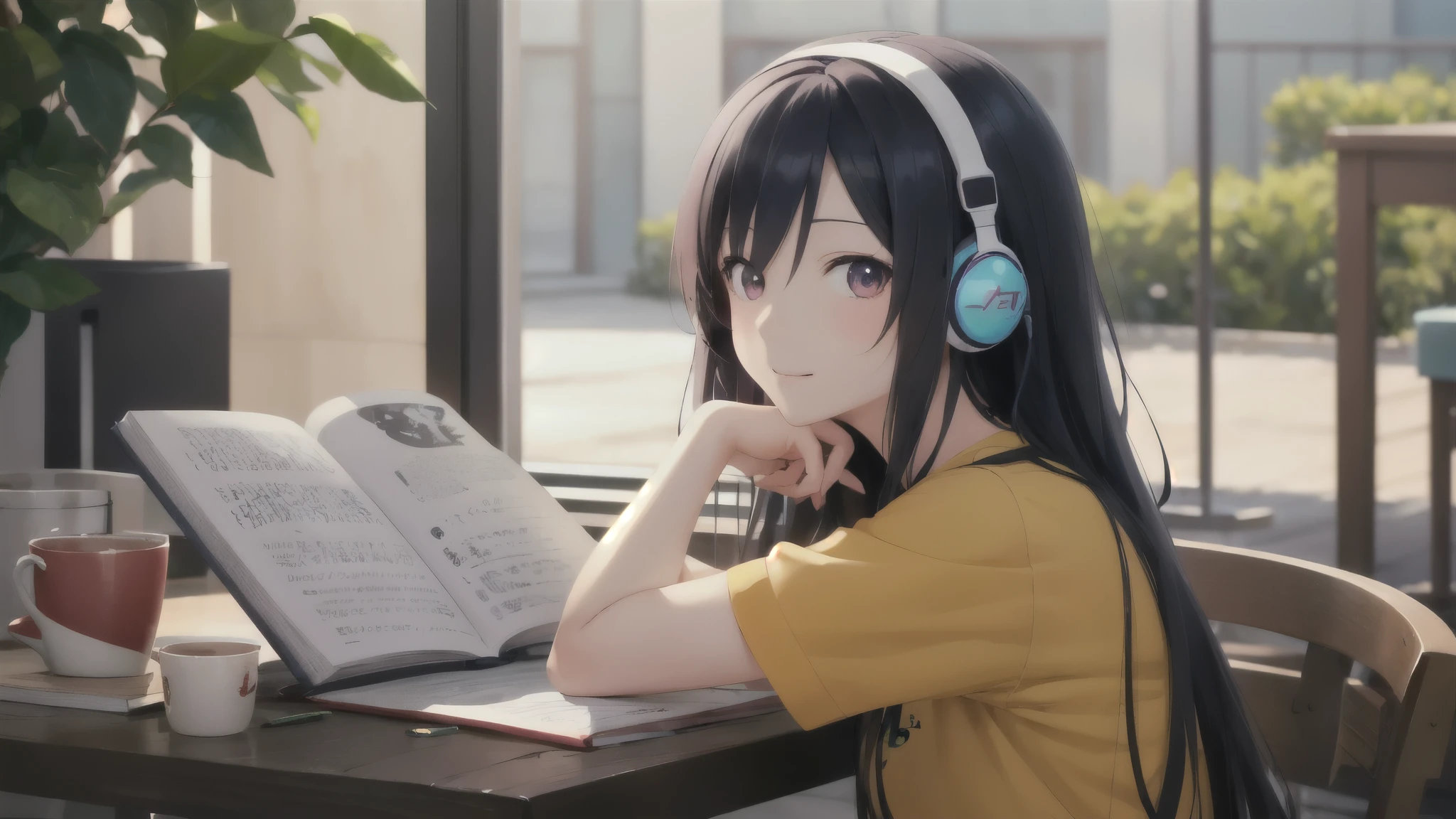 There is a girl wearing headphones and holding a pencil, sitting at a book on a table., anime 3 d スタイル, cute girl drawing, 3Danime, 美しいanimeの女子高生, animeのアートスタイル, 滑らかなanime CG アート, かわいいanimeの, 現実的な若いanimeの女の子ealistic art style, cute realistic portrait, anime, animeアートスタイル, 美しいanimeの女の子