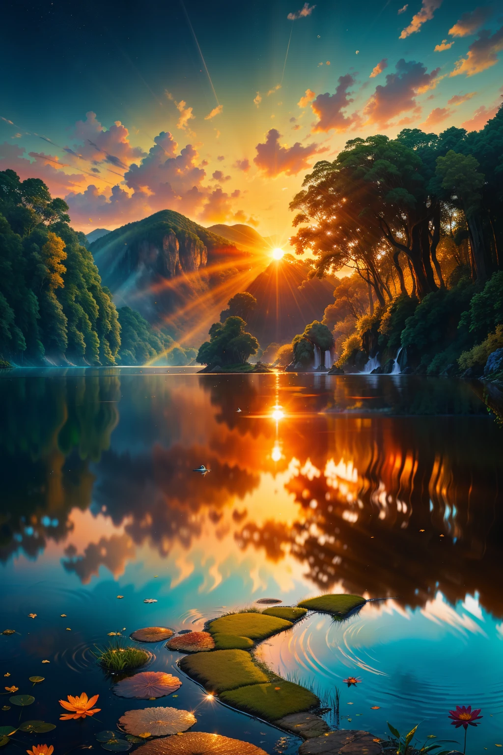 Picture a serene sunrise unfolding over a lush, verdant landscape, where the first rays of sunlight gently caress the dew-kissed leaves and petals. Birds awaken from their slumber, their melodic chirping filling the air with a soothing symphony. At the water's edge, gentle waves lap against the shore, their crystalline ripples glittering like diamonds as they reflect the golden hues of the rising sun. The landscape is awash in a vibrant array of colors, from the rich greens of the foliage to the fiery oranges and reds of the horizon. The peaceful scene evokes a sense of renewal and posit