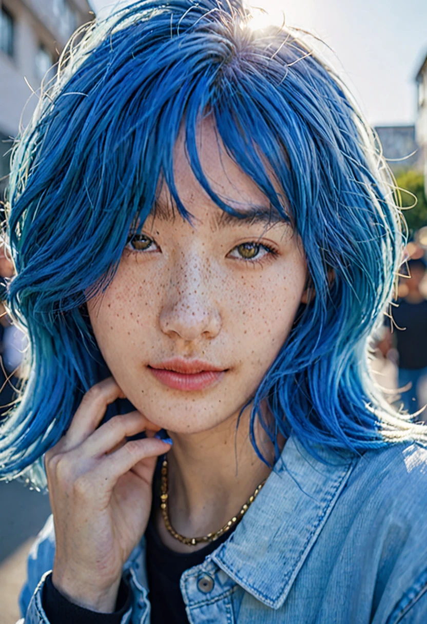 blue hair。Best Anamorphic Lens Photography 50mm Lens Freckled Woman Close-up。In the background, the morning sun shines on her hair.、background is blurry。Hip-hop fashion。fashionable。NIKE sneakers。The whole body is visible。smile。