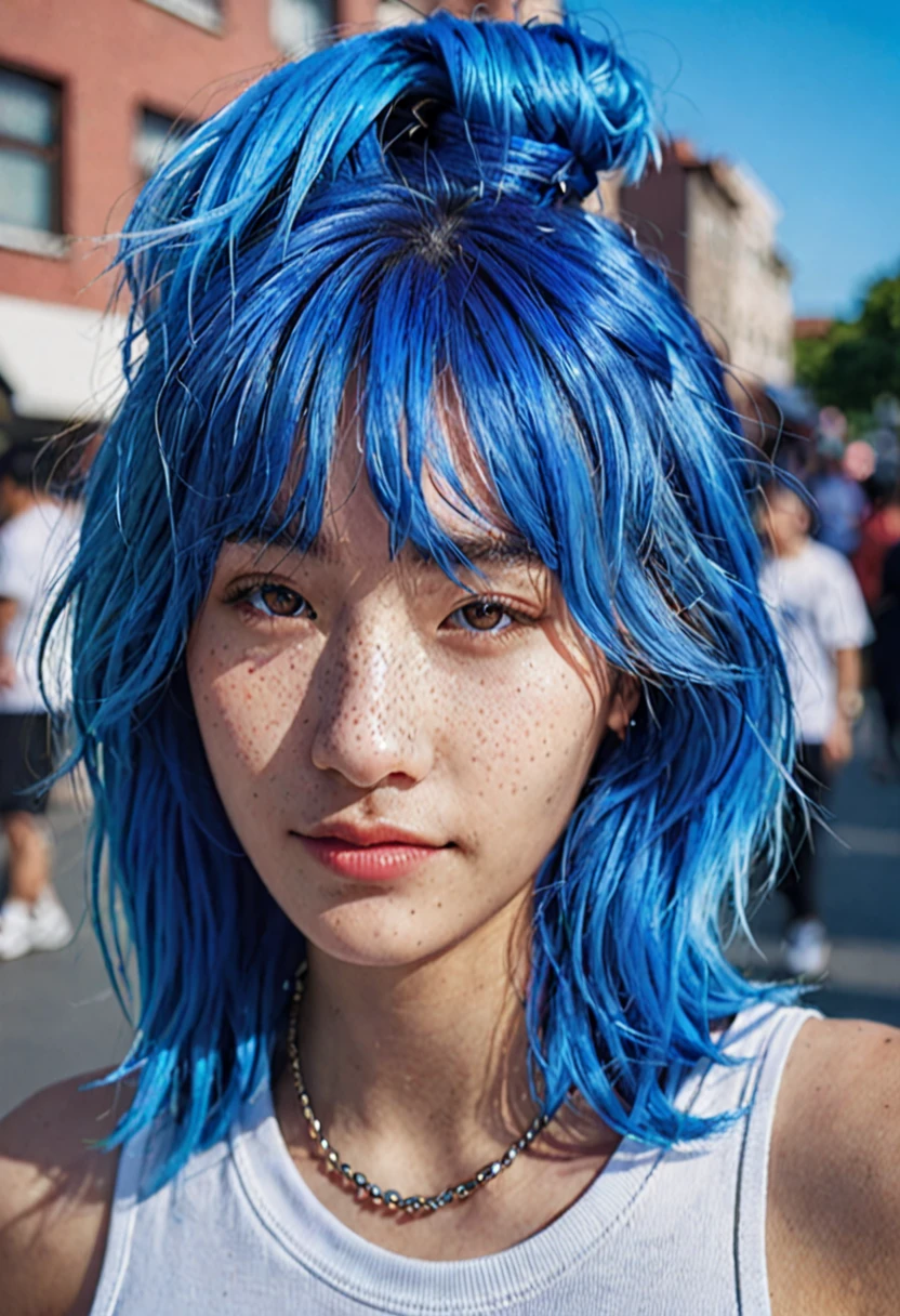 blue hair。Best Anamorphic Lens Photography 50mm Lens Freckled Woman Close-up。In the background, the morning sun shines on her hair.、background is blurry。Hip-hop fashion。fashionable。NIKE sneakers。The whole body is visible。smile。