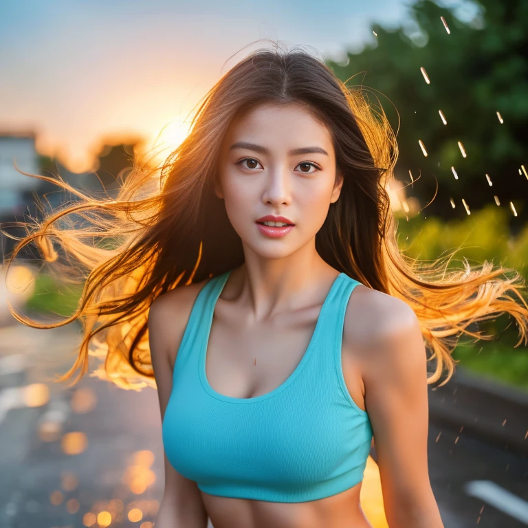 Best picture quality, Masterpiece, Ultra high resolution 8K, photograph, 1 Asian girl gets a beauty makeover, her long hair blows up in the wind. The face is too realistic and the six-pack abs are outstanding. Very large breasts, prominent, shiny, bouncy, floating., Looking straight at the action with various poses, seductive, seductive, sexy. Wear a brightly colored tank top. Playing in the rain and getting wet on the streets of the community, lifestyle, Miss 8K, Sunset at sunset,lively setting, It&#39;s coming on strong. ，, summer evening, Natural countryside, sunlight shining brightly,.. Picture clarity 8k, Taken with a high quality camera 45,000,000 Chili Cell