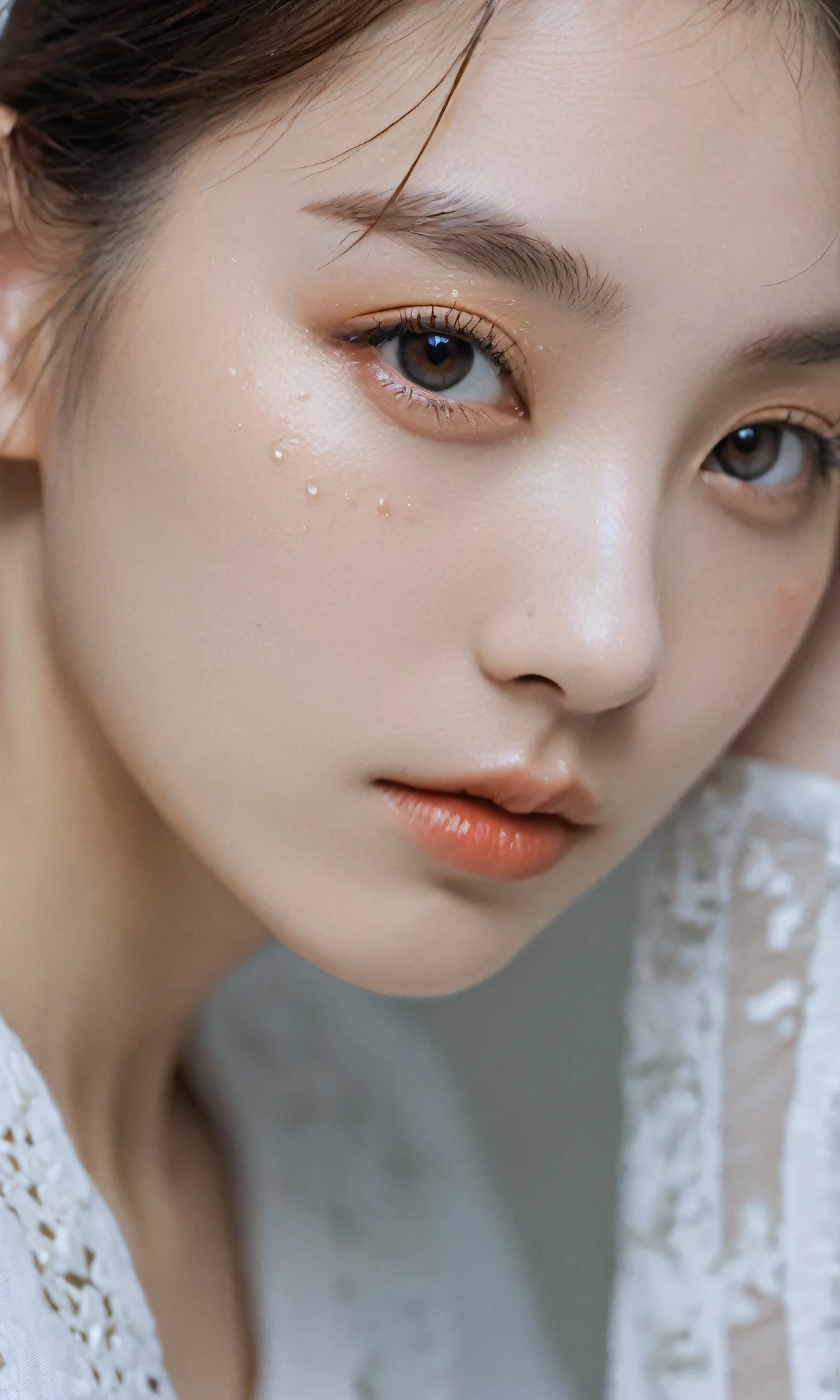 xxmixgirl, analog style, eye focus, highest quality, (highly detailed skin), photo of a exquisitely beautiful pale skin, 21yo, perfect face, alluring eyes, (seductive makeup: 1.3), skin pores, (bokeh:1.5), sharp focus, dappled lighting, (backlighting), film grain, (highly detailed, intricately detailed), 8k, HDR, front view, studio light, Ultra-detailed face, Detailed eyes, (Double eyelid: 1.4), Alice toggle, brown eye, (commercial: 1.4), 1girl wet tshirt water drops, (splash detailed), (seductive makeup), (sunkissed), white studio background