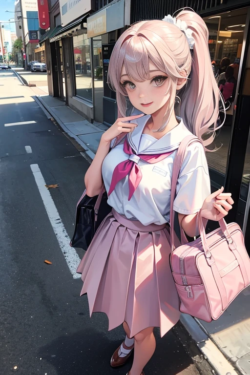 masterpiece, best quality, physically-based rendering, high resolusion, RAW photo, photo realistic,
1 female, Japanese, white shirt, pink pleated skirt, (skirt lift:1), (from below), short sleeves, school bag BREAK light pinkish silver hair BREAK dark skin BREAK side ponytails, flower hair ornament BREAK light blue scrunchie on wrist, BREAK light brown Eyes, white eyeliner,
Afternoon in the city BREAK
((standing in the middle of the road))
BREAK
((smile)),
from above high:1.9