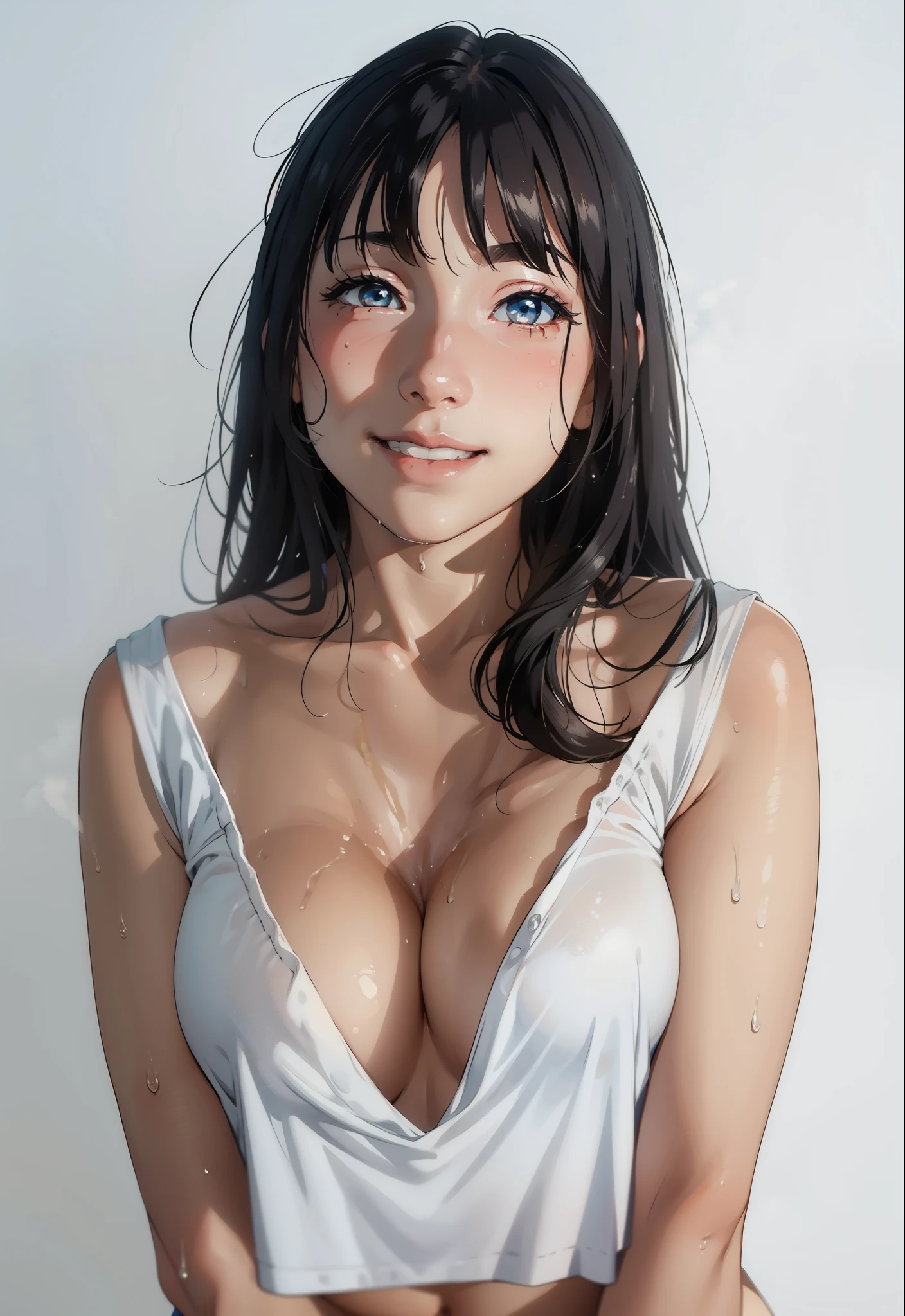 girl, sweat, steam, medium , shy, detailed hand, looking at viewer, light smile,