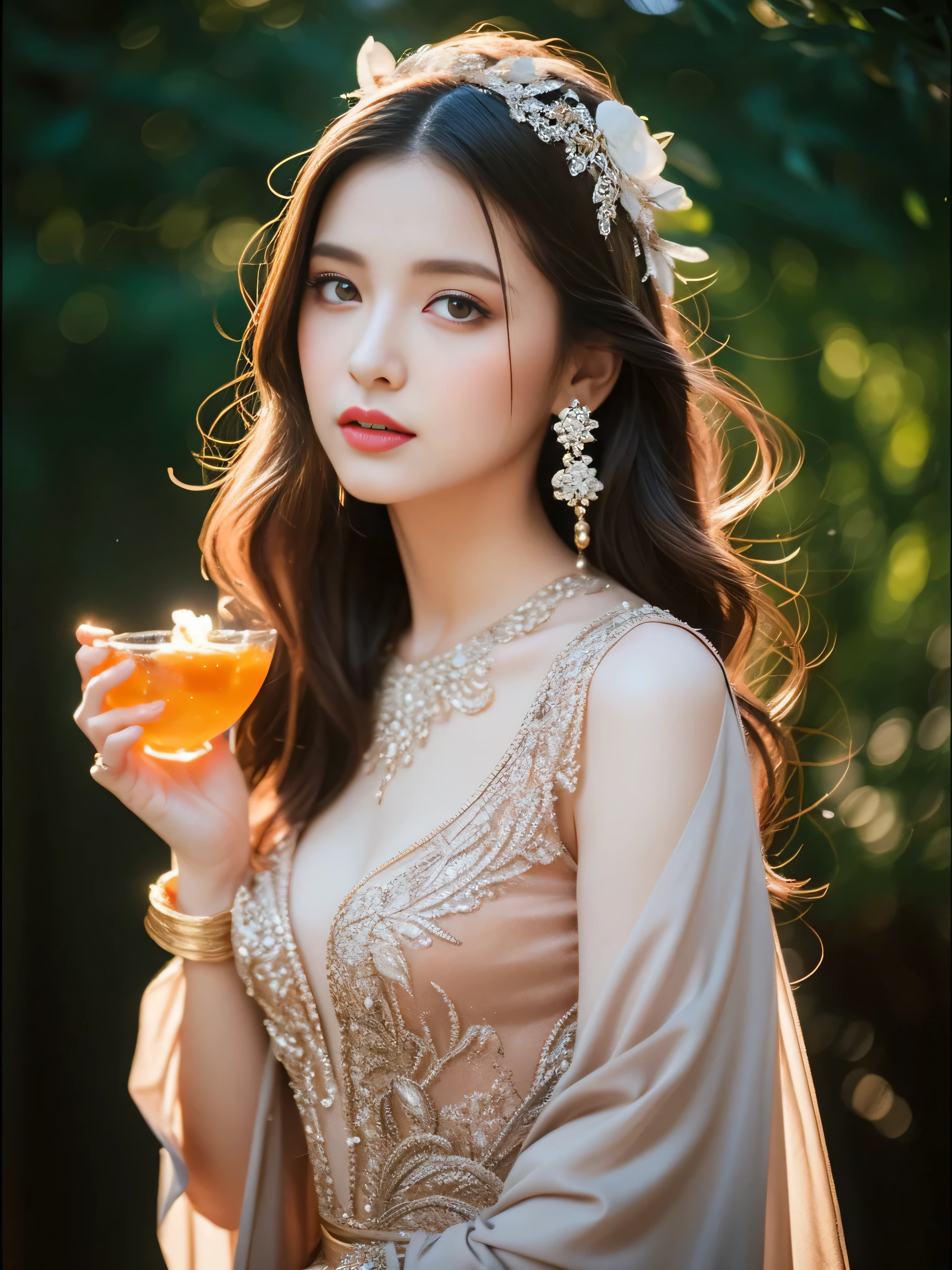 1girl, long_hair, bright_hair_color, seductive_eyes, mysterious_expression, mature_appearance, glamorous_outfit, flowing_dress, elegant_jewelry, intricate_embellishments, magic_symbols, glowing_accessories, potions, scrolls, cute_accents, bows, ribbons, flowers,
