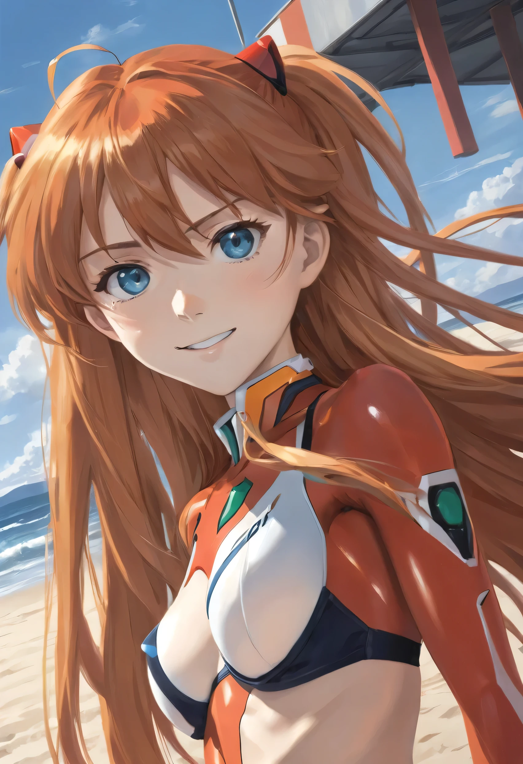 Asuka Langley Soryu, Evangelion, ((Asuka　Langley:1.5)), long hair, bangs, blue eyes, brown hair, ((red hair ornament)), mature woman, looking at the viewer, dutch angle, dynamic pose,joy,origin,(beautiful face),(realistic face, perfect eyes,1.1),analog style,RAW,real life photo,medium quality,normal aesthetic,break,1girl,(japanese girl:1.1),(round face:1.3),break,(intricate underwear),(masterpiece, highest quality, 16K), delicate, Detailed, Sharp, 1 girl, smile, At the beach, ((sexy bikini)), ((sexy panties)), ((perfect fingers:1.5)), human anatomy, big breasts