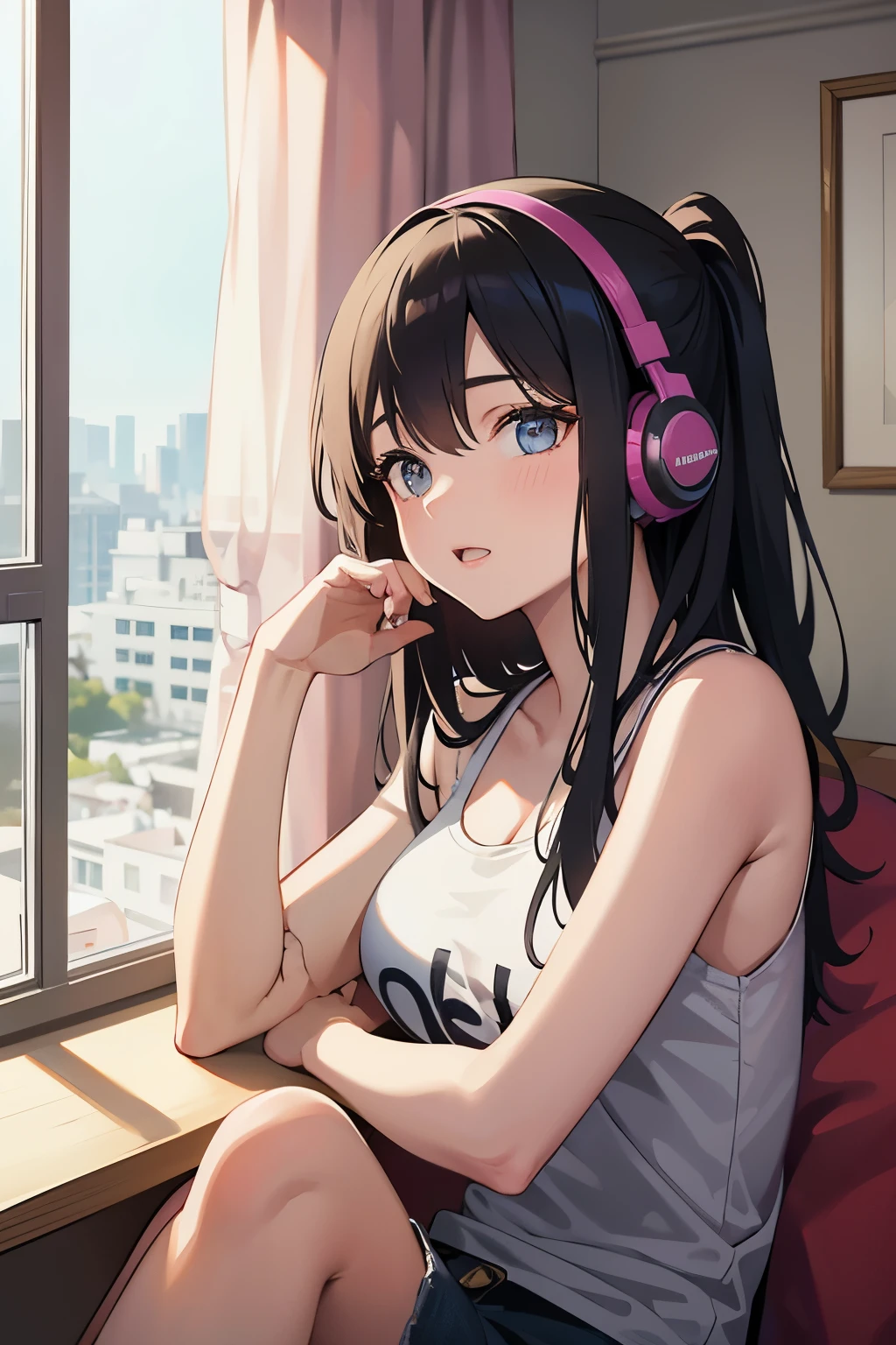 18 year old girl listening to music in her room next to the window