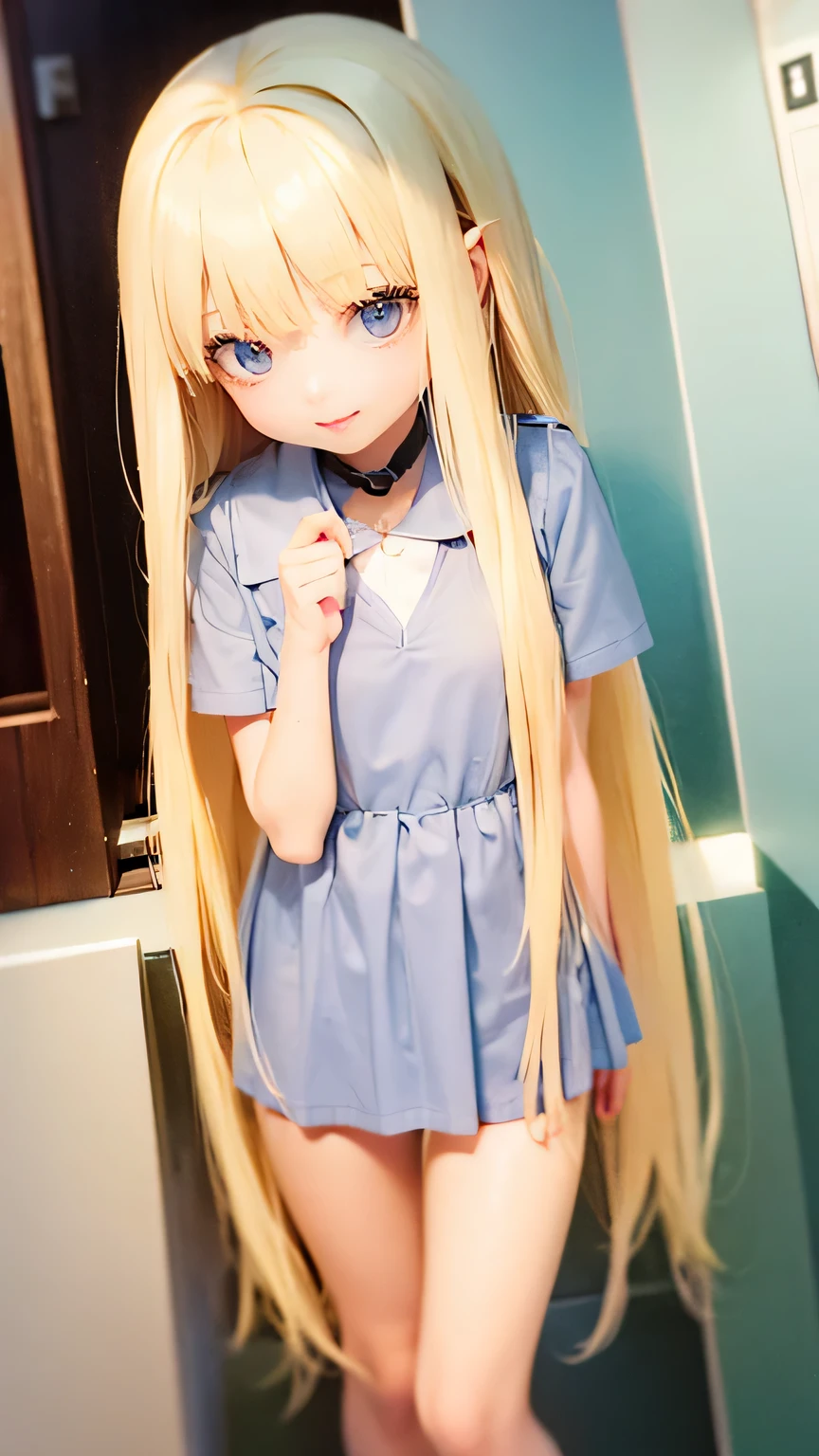 very cute girl、(10 years old)、light yellow hair、long straight hair、Bangs are too close to the eye、Light Blue Eye、(normal ears)、thin arms、Beautiful body、slim legs、big eyes、large, well-shaped breasts,、clear white skin、smile、(school uniform、uniform white and blue)、Rose Garden、Super high quality、digital single lens reflex、