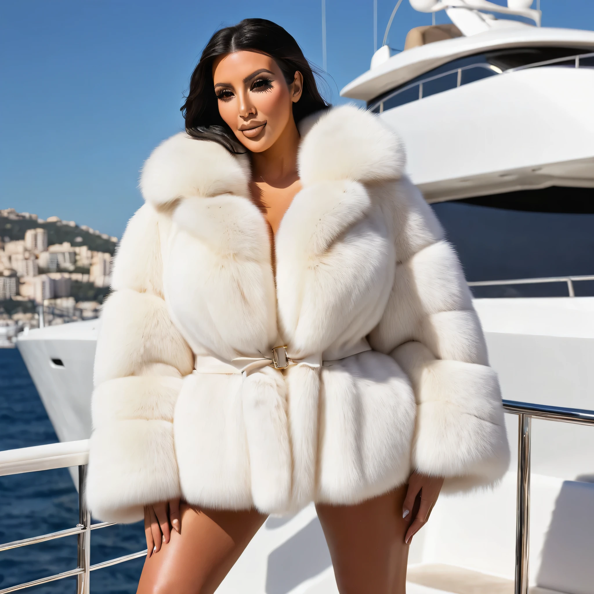 A very wide and very thick, very short white fox fur coat, fifty centimeters thick, duveteux, naturel, with an ultra thick white and sand mink fur collar, three layers, sur Kim Kardashian, fully nude front view, bare shoulders, and two large breast discovered by the fur, at sunny , yacht de luxe, port de Monaco , en haute résolution de la plus high quality、,Photo 8K HDR), Realistic texture, realistic shadows,