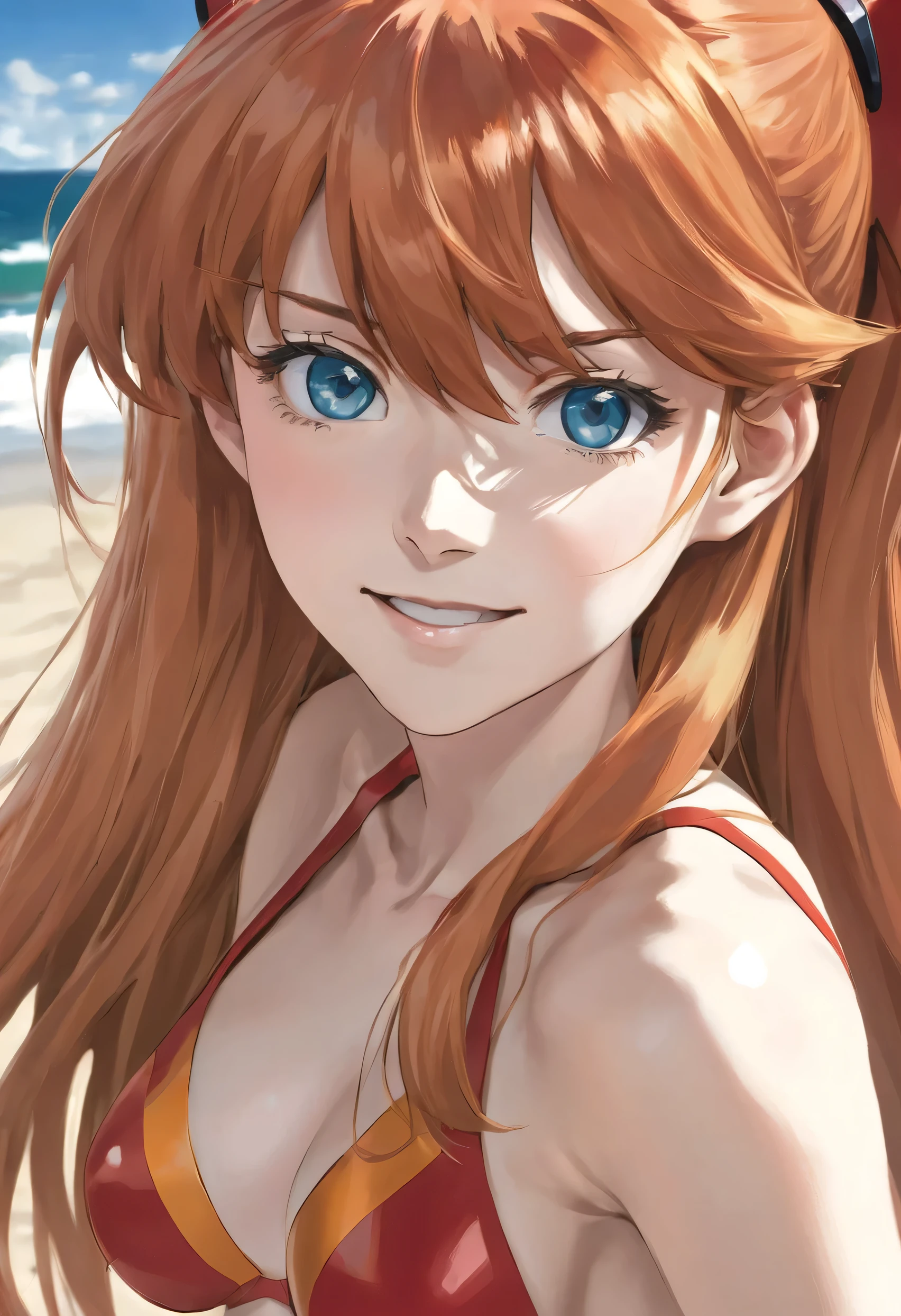 Asuka Langley Soryu, Evangelion, ((Asuka Langley:1.5)), long hair, bangs, blue eyes, brown hair, ((red hair ornament)), mature woman, looking at the viewer, dutch angle, dynamic pose,joy,origin,(beautiful face),(realistic face, perfect eyes,1.1),analog style,RAW,real life photo,medium quality,normal aesthetic,break,1girl,(japanese girl:1.1),(round face:1.3),break,(intricate underwear),(masterpiece, highest quality, 16K), delicate, Detailed, Sharp, 1 girl, smile, At the beach, ((sexy bikini)), ((sexy panties)), ((perfect fingers:1.5)), human anatomy, big breasts
